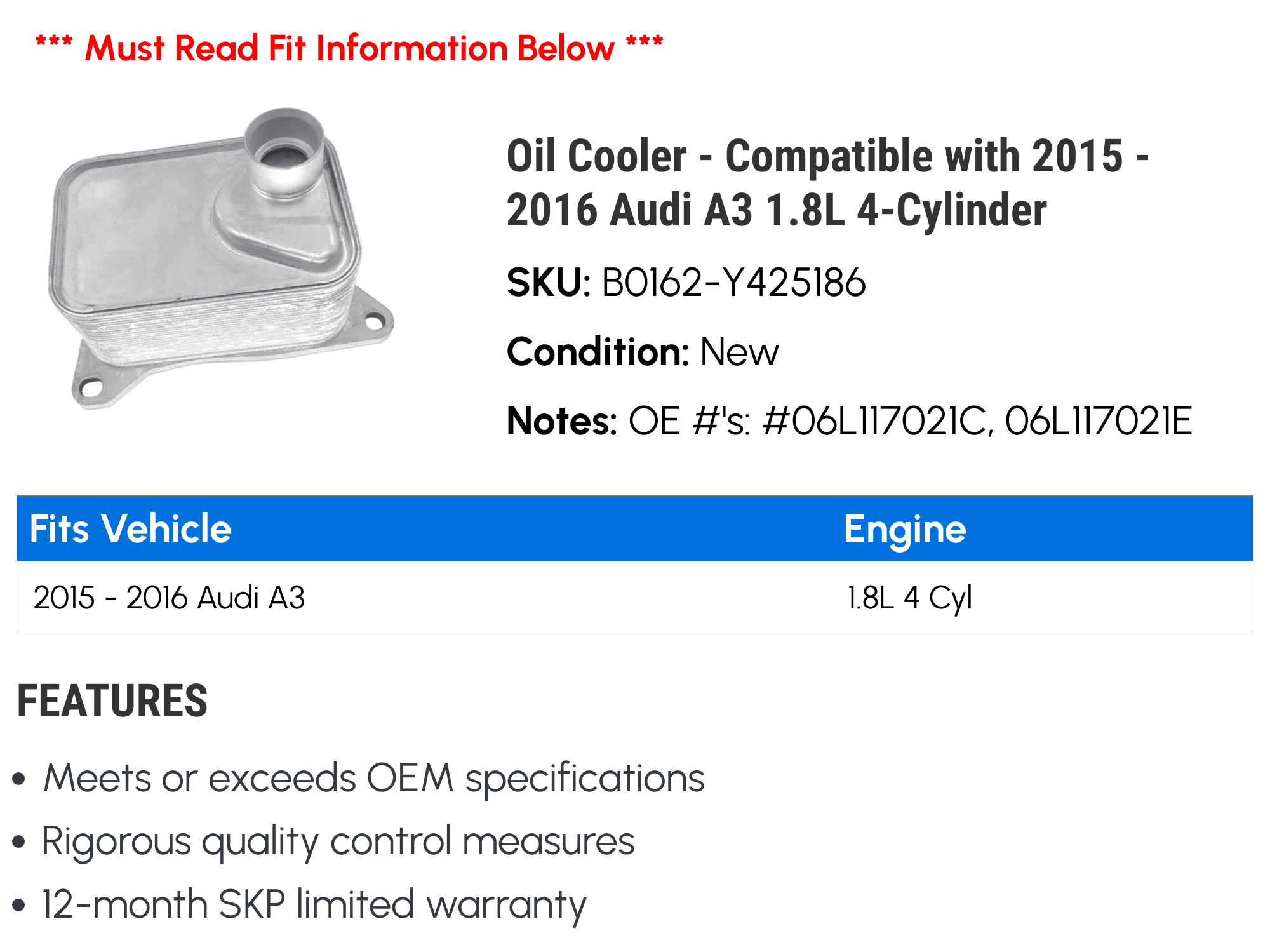 Cooler - Compatible with 2015 - 2016 Audi A3 1.8L 4-Cylinder