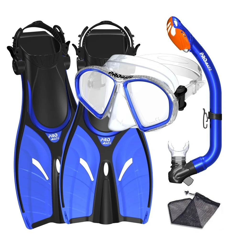 Spectrum Kids Snorkeling Gear Set w/ Dive Mask Snorkel Flippers by Promate, Blue, LXL