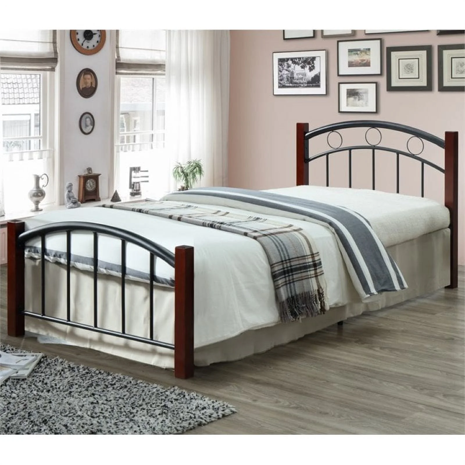 Pemberly Row Twin Metal Bed with Headboard and Footboard in Black and Mahogany