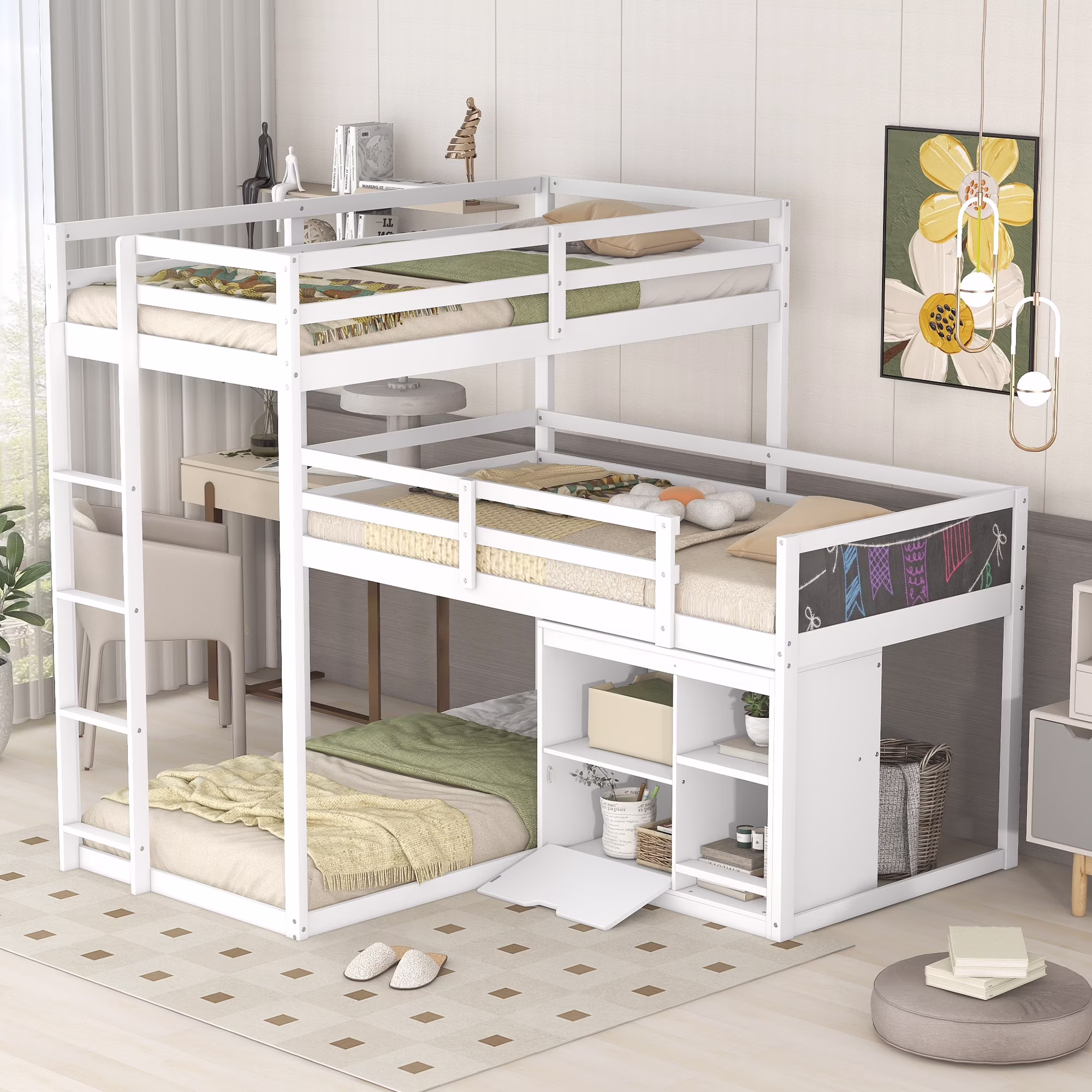 Dawn Whisper Modern L-Shaped Wood Triple Twin Bunk Bed with Storage Cabinet and Blackboard, White