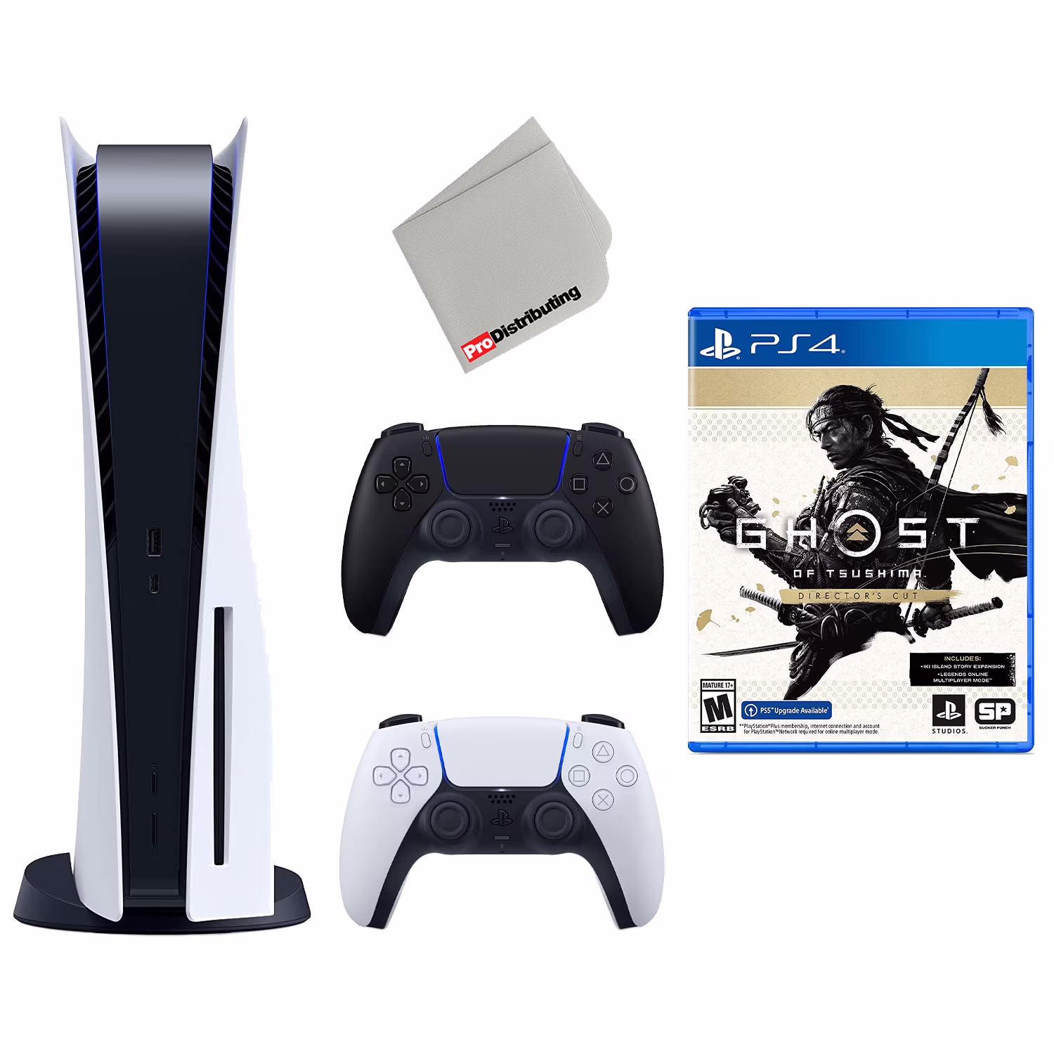 Restored Sony Playstation 5 Disc Version with Extra Controller, Ghost of Tsushima and Cleaning Cloth Bundle - Midnight Black (Refurbished)