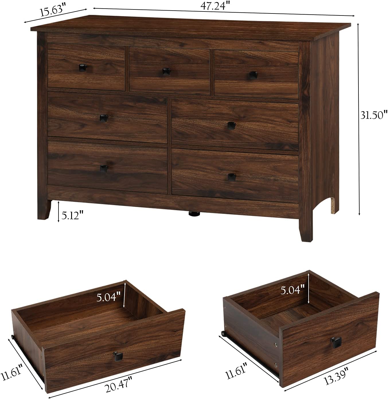 Dresser and Nightstand Sets - 3 Pieces Bedroom Set with 7 Drawer Dresser and 1 Drawer Nightstands, Wood Double Dresser, Brown Wood Grain
