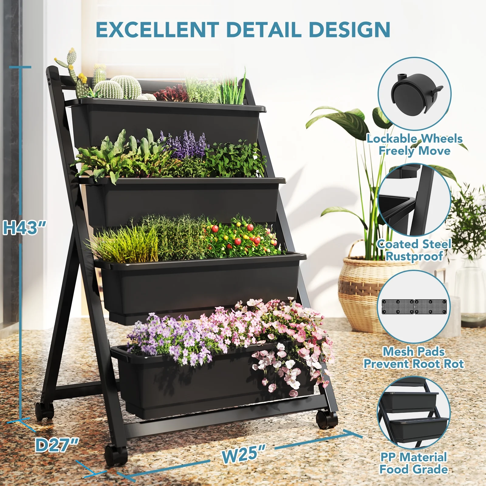 FLEXIMOUNTS 4-Tiers Vertical Raised Garden Bed 4Ft Freestanding Elevated Garden Planters 45