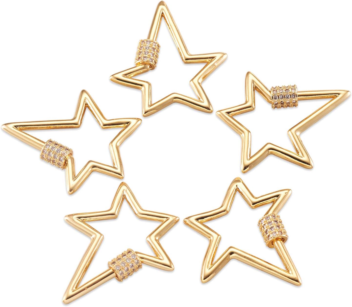 5pcs Golden Star Locking Carabiner Keychain Clip Screw Brass Micro Pave Clear Cubic Zirconia Carabiner Spring Snap Clip Quick Link Hook Women Girl Jewelry Making Supplies
