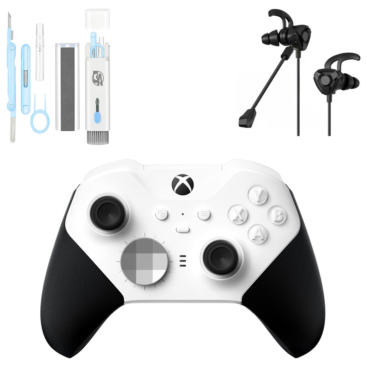 Xbox Elite Series 2 Wireless Gaming Controller White For Xbox Console With Black Gaming Buds + Cleaning Kit BOLT AXTION Bundle Like New