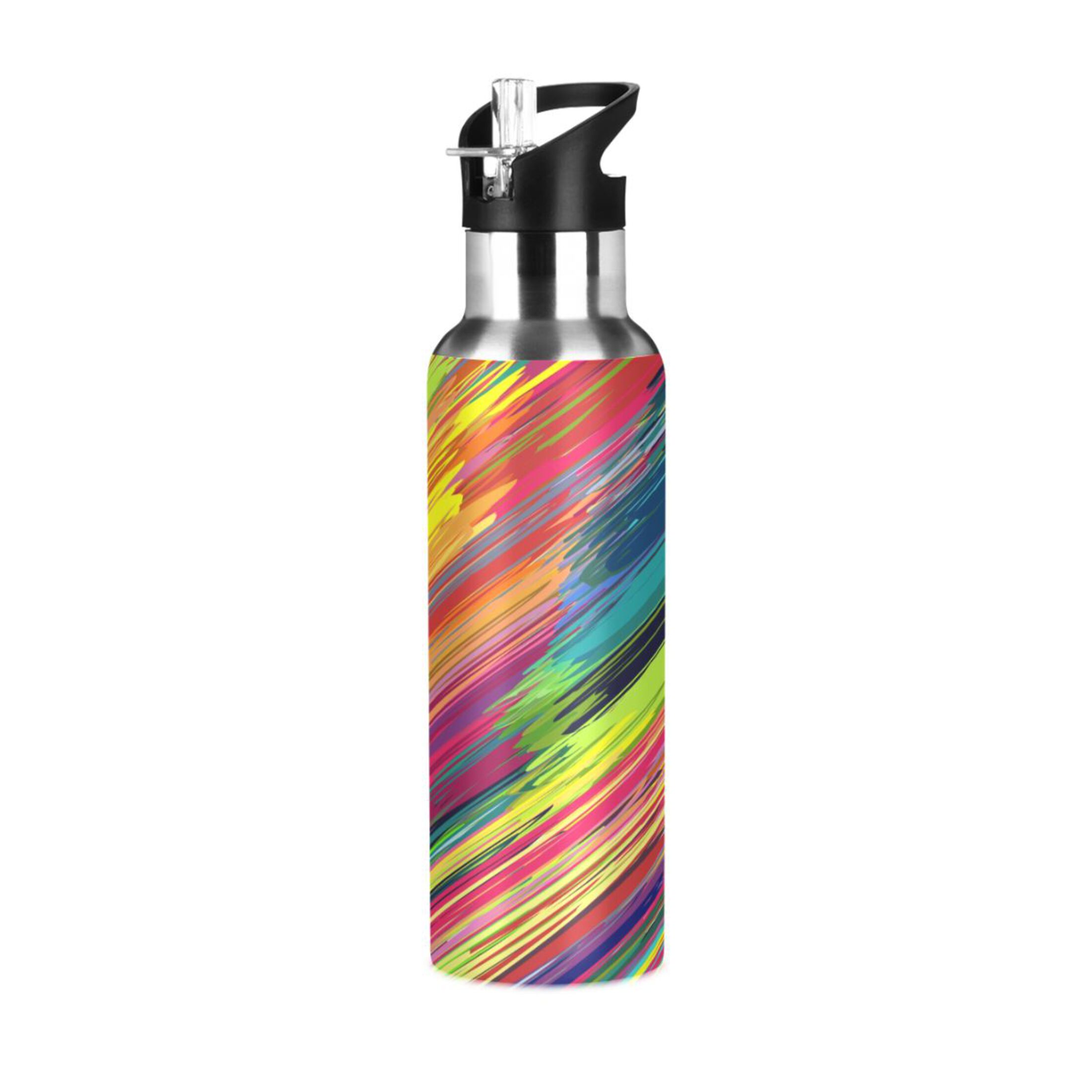 Stainless Steel Water Bottle Abstract Rainbow Stripe with Straw Lid Vacuum Insulated Leak Proof Flask Jug for Gym Travel Sports Cycling Outdoor 20 OZ