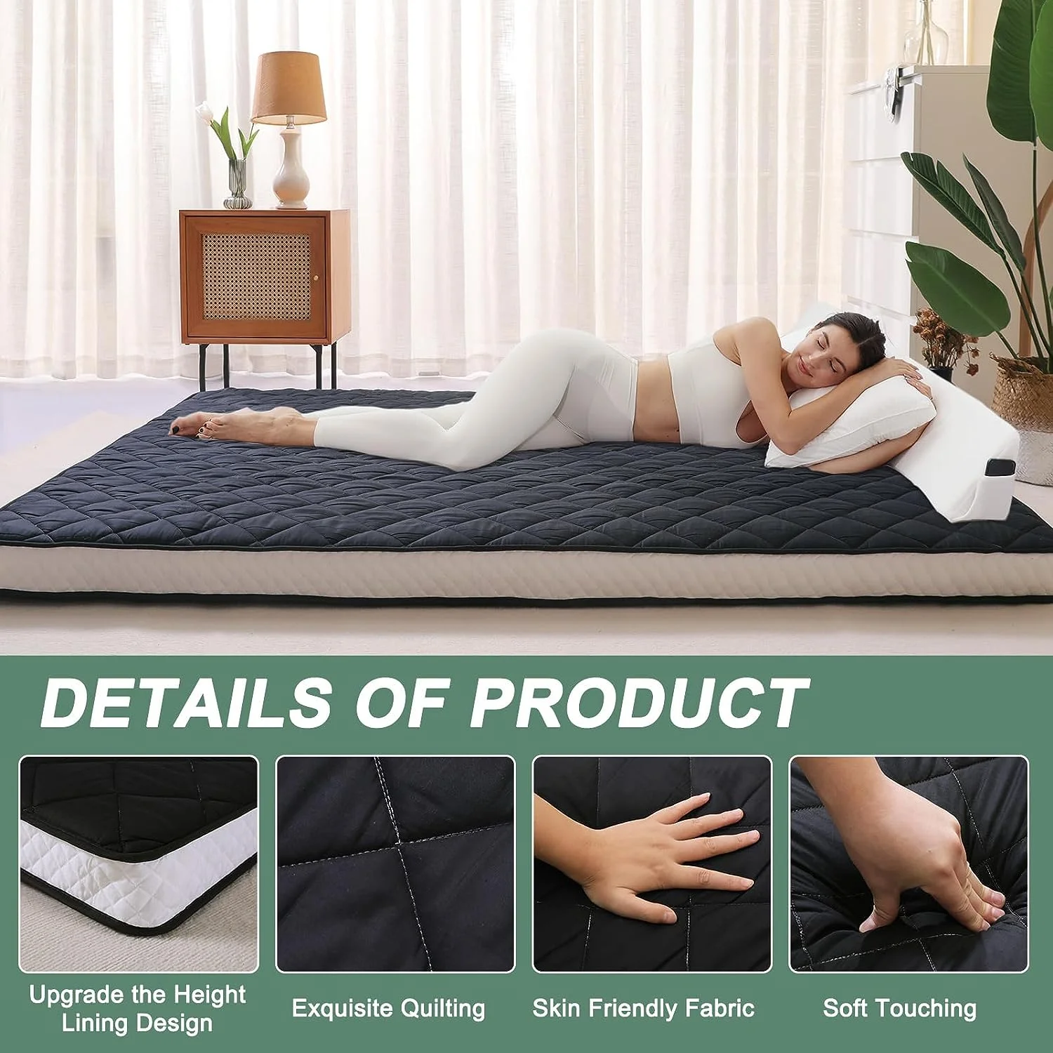 FICISOG Japanese Futon Mattress, Living Room Futon Quilted Bed Mattress Topper, Queen