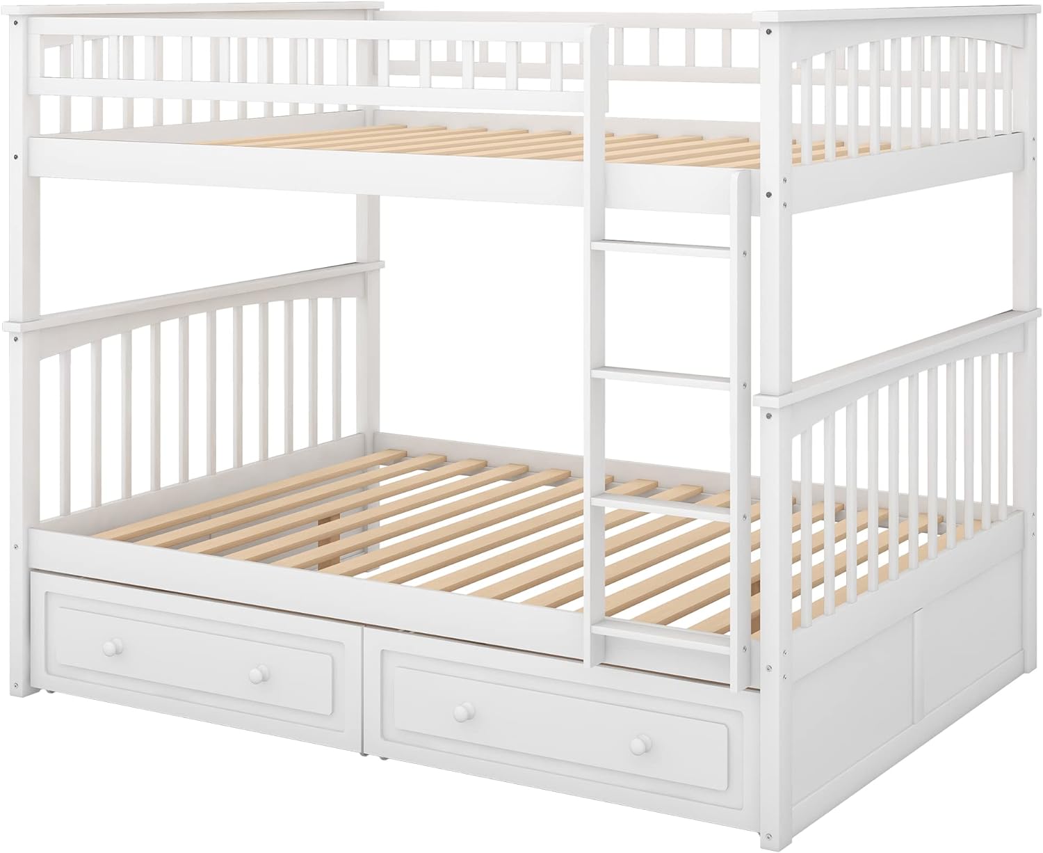 Full Over Full Buk Bed With Drawers, Woode Buk Bed Frame, White