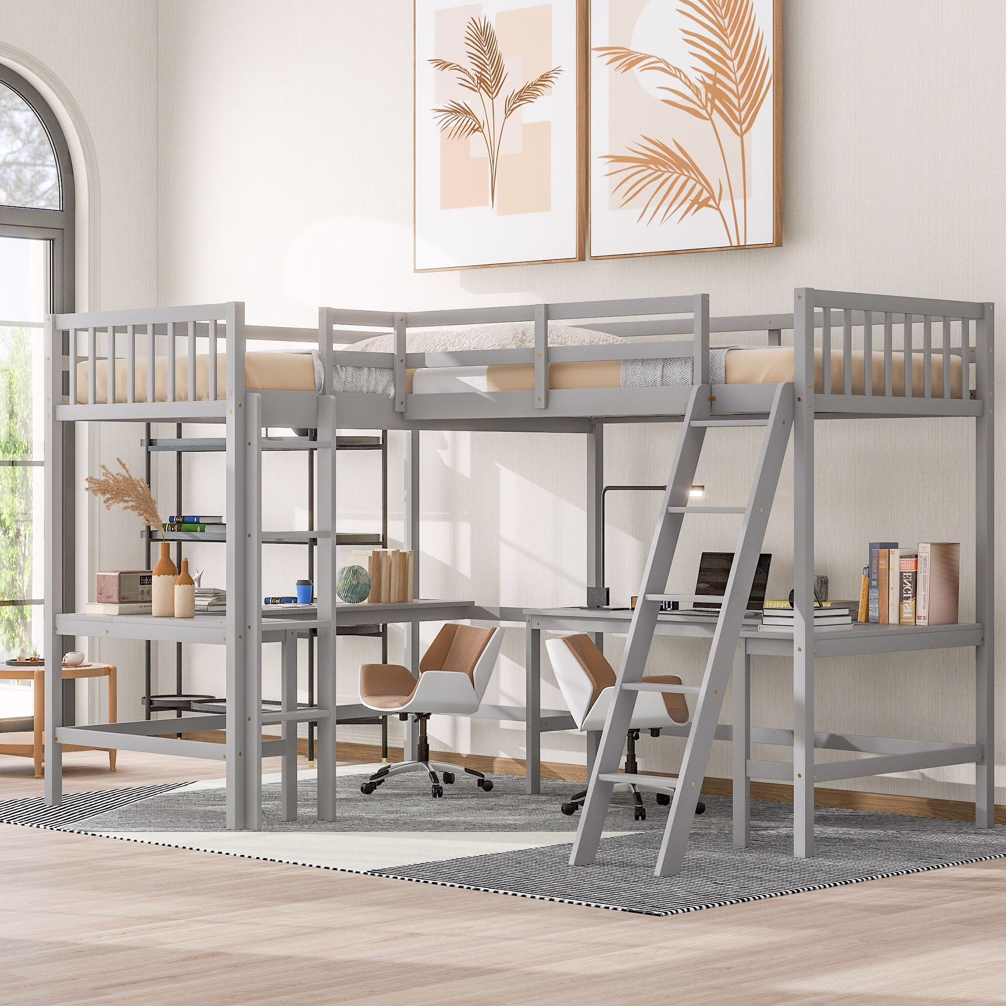 Multifunctional Twin Size L-Shaped High Loft Bed with Ladder and 2 Built-in L-Shaped Desks, Sturdy Wooden Loftbed Frame with Ladder & Safety Guardrail for Teens Bedroom