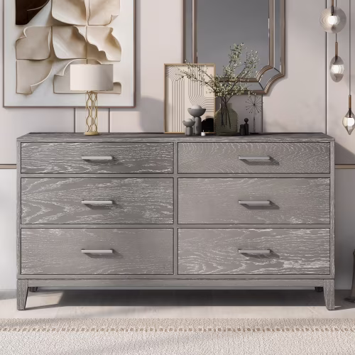 Modern Concise Style Gray Wood Grain Six-Drawer Dresser with Tapered Legs and Smooth Gliding Drawers