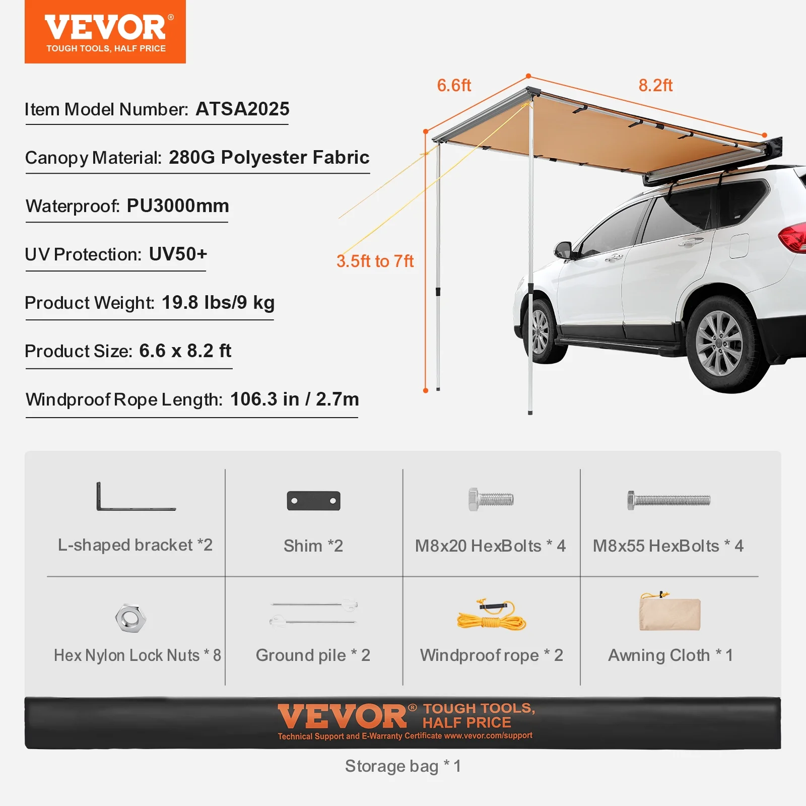 SKYSHALO Vehicle Awning 6.6' x 8.2' Shade Coverage Car Side Awning PU3000 mm UV50+