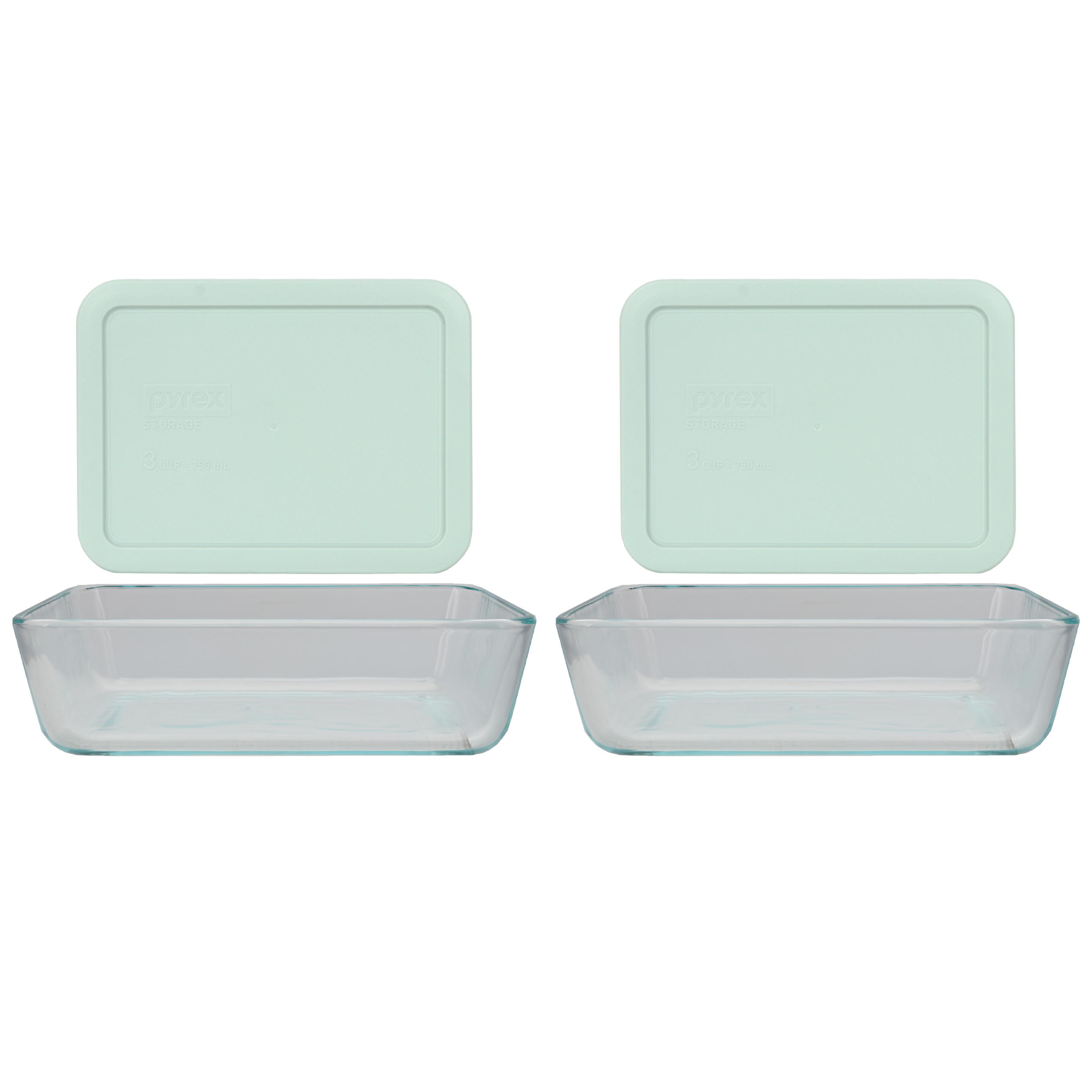 Pyrex (2) 7210 3-cup Glass Dishes & (2) 7210-PC Muddy Aqua Lids