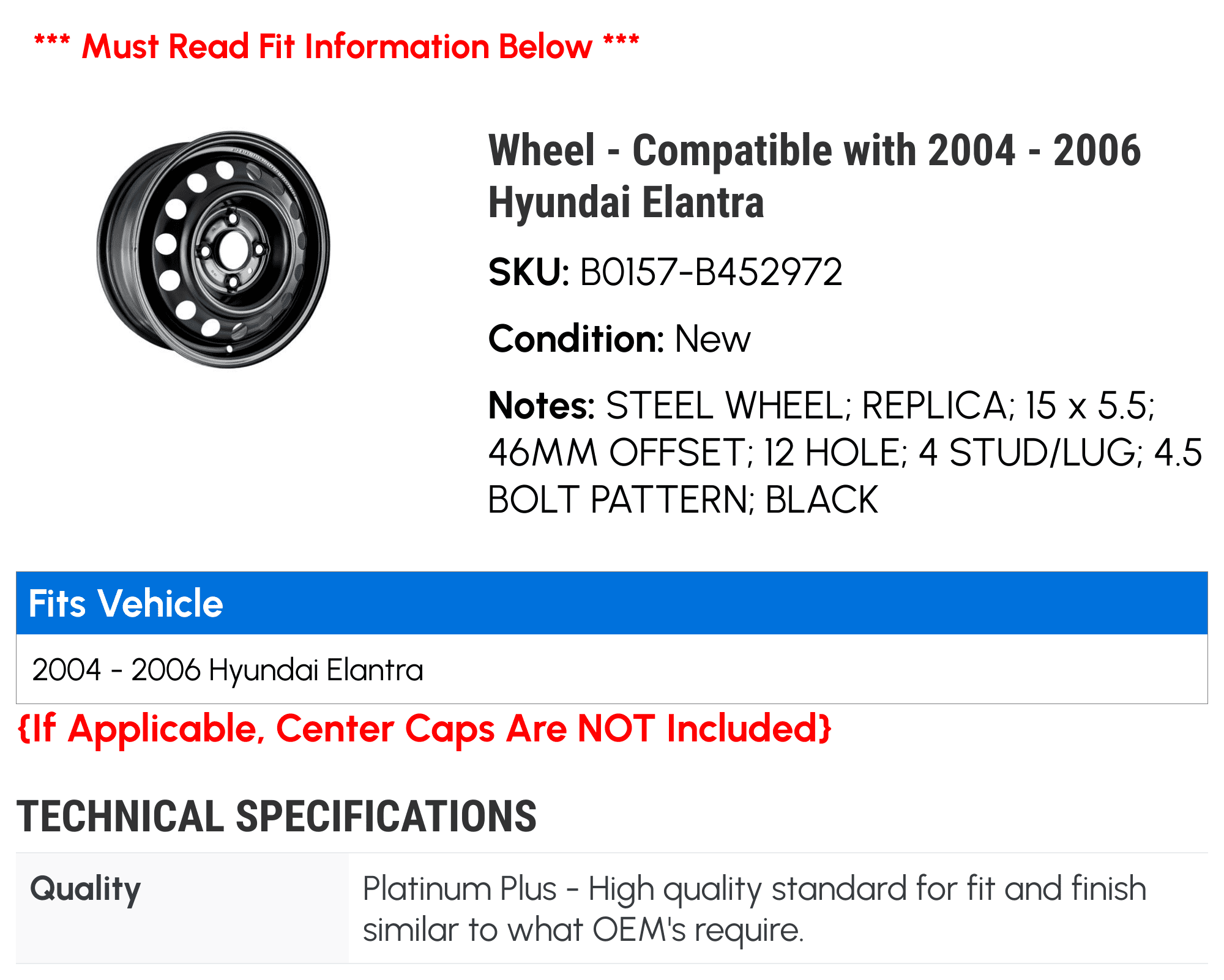Wheel - Compatible with 2004 - 2006 Hyundai Elantra 2005