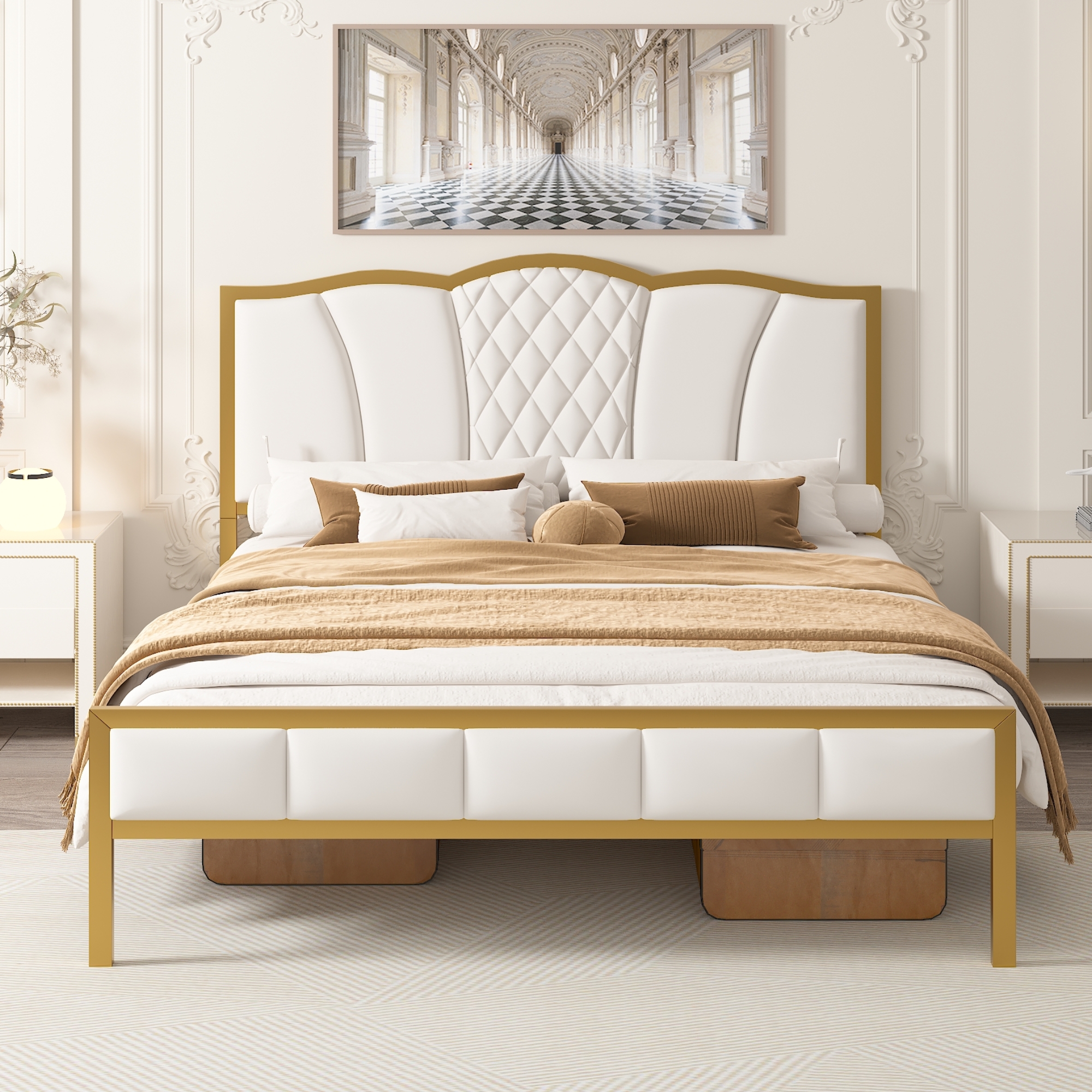 Docooler Modern Upholstered Bed Frame with Tufted Headboard, Golden Metal Platform Queen Size Bed Frame, Beige