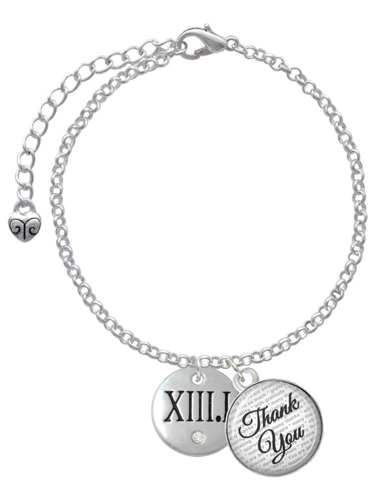 Delight Jewelry Silvertone Half Marathon with Clear Crystal Roman Numeral - Domed Thank You Charm Bracelet, 6