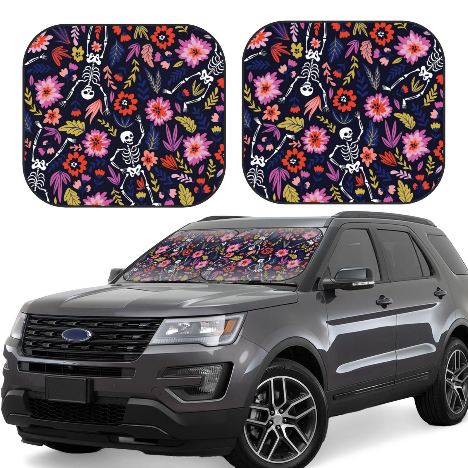Lukts Dancing Skeletons Floral Garden Print 2 Piece Car Sun Shade Windshield,Foldable Car Shade Front Windshield With Keeps Your Vehicle Cool, For Most Sedans Suv And Trucks - Small