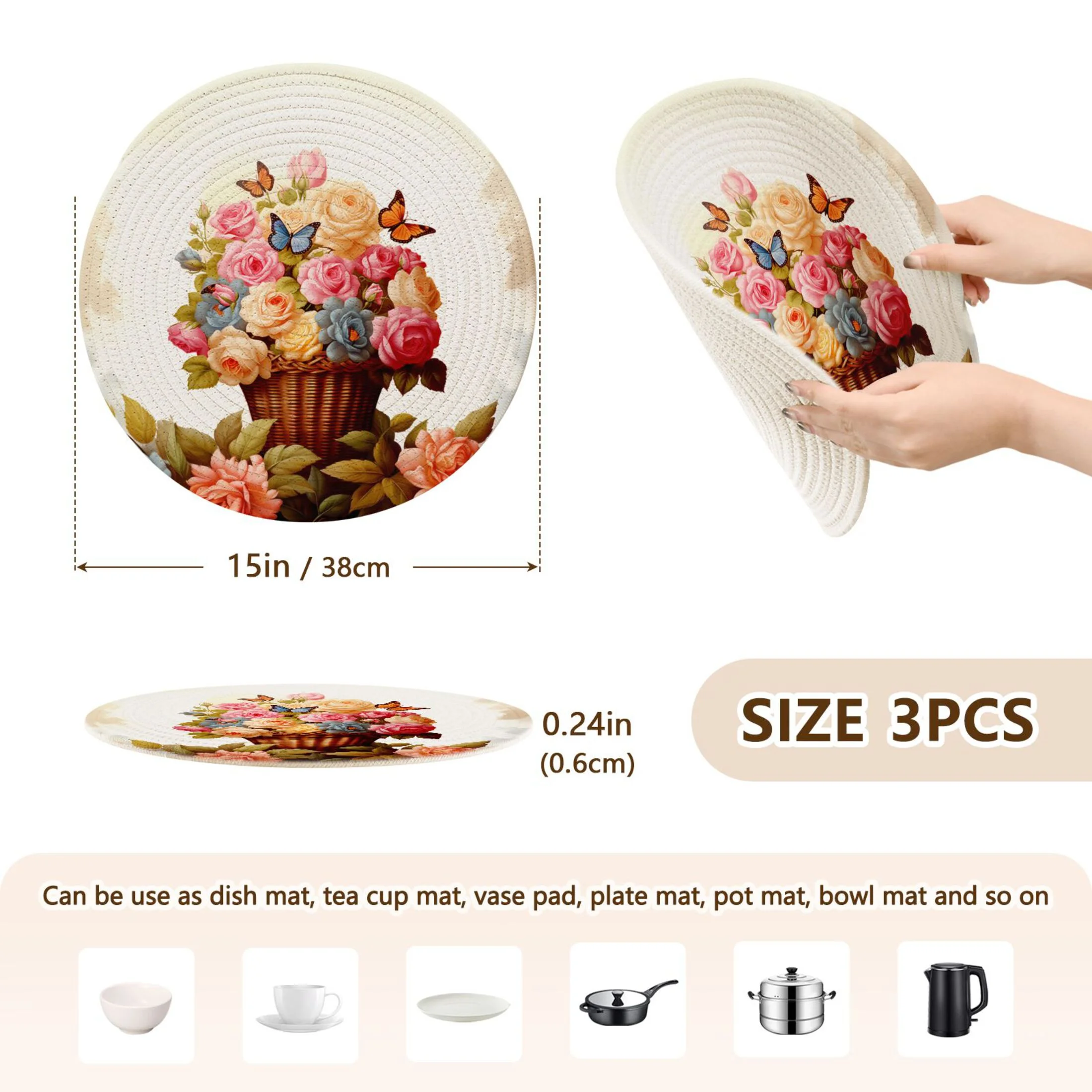 Butterfly on Multi Rose Flowers 3 PCs Pot Holders Trivets Kitchen 15
