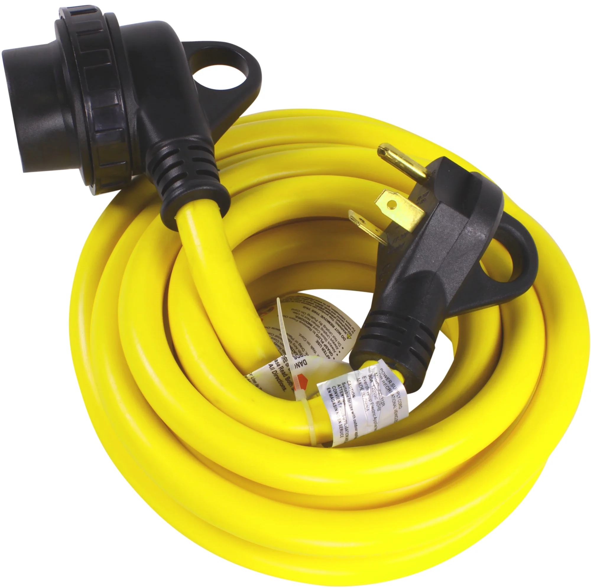 Journeyman-Pro 30A RV Power Extension Cord TT30 Locking Female (Safety Yellow), Black Grip Handle w/Power Indicator - 15, 25, 50 Feet Length 125V - 30 AMP, TT-30P to TT-30R(Twist Lock) (15 Feet) …