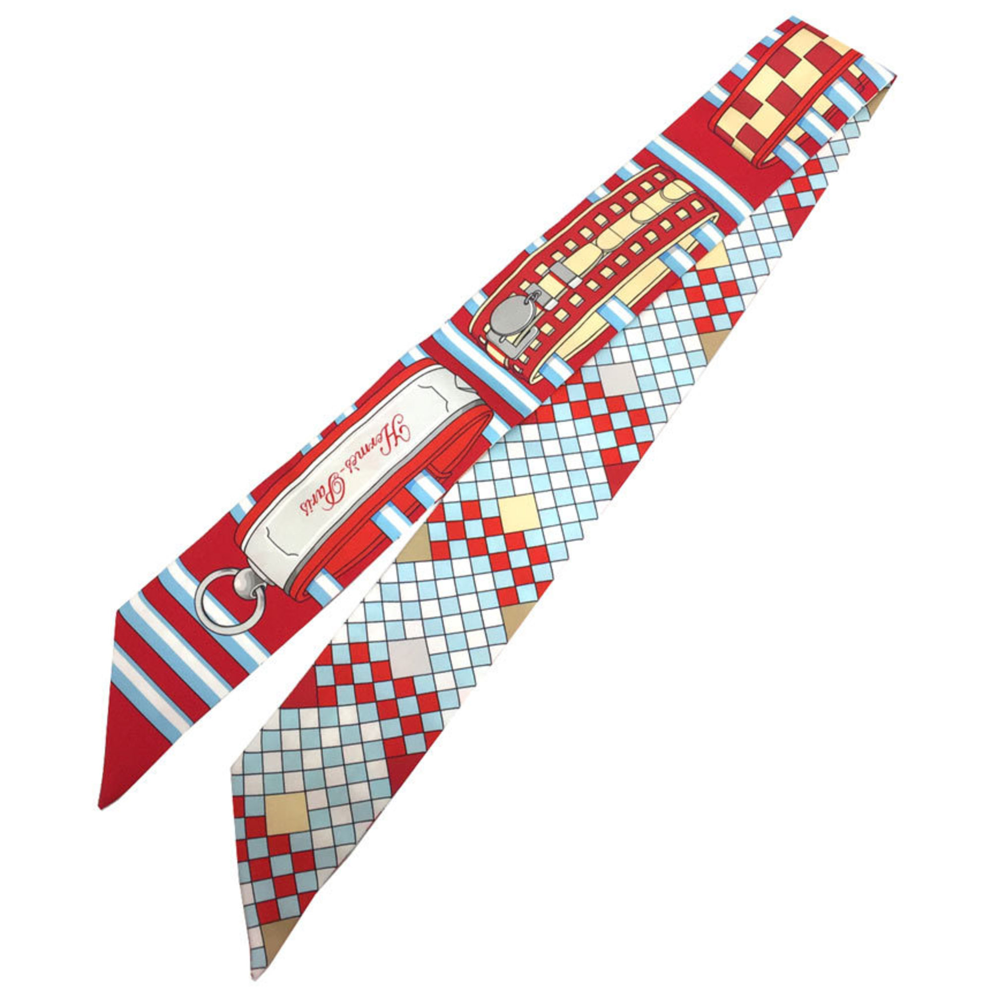 Pre-Owned HERMES Twilly Scarf Muffler Colliers de Chiens Remix 2020 Red x Beige Blue (Rouge/Ciel/Gris Pearl) 100% Silk aq8947 (Like New)