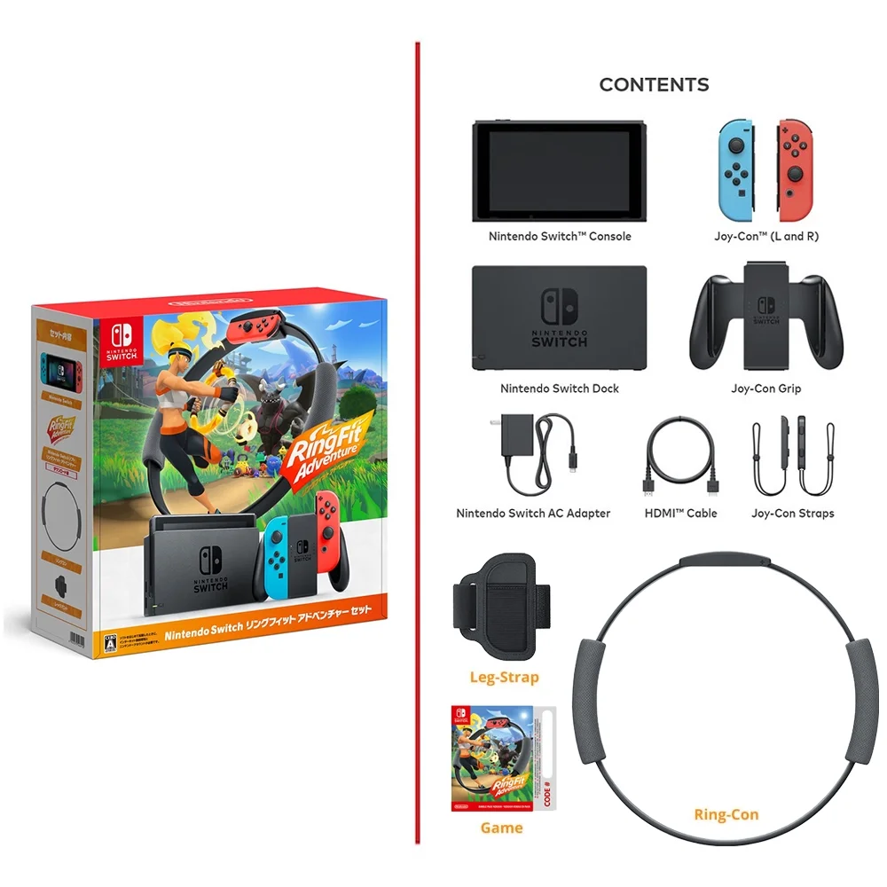 Nintendo Switch Exclusive Ring Fit Adventure & Neon Switch Console Bundle - Neon Red and Blue Joy-Con Switch Console, Dock, Ring Fit Full Game, Ring-Con, Leg Strap and Accessories