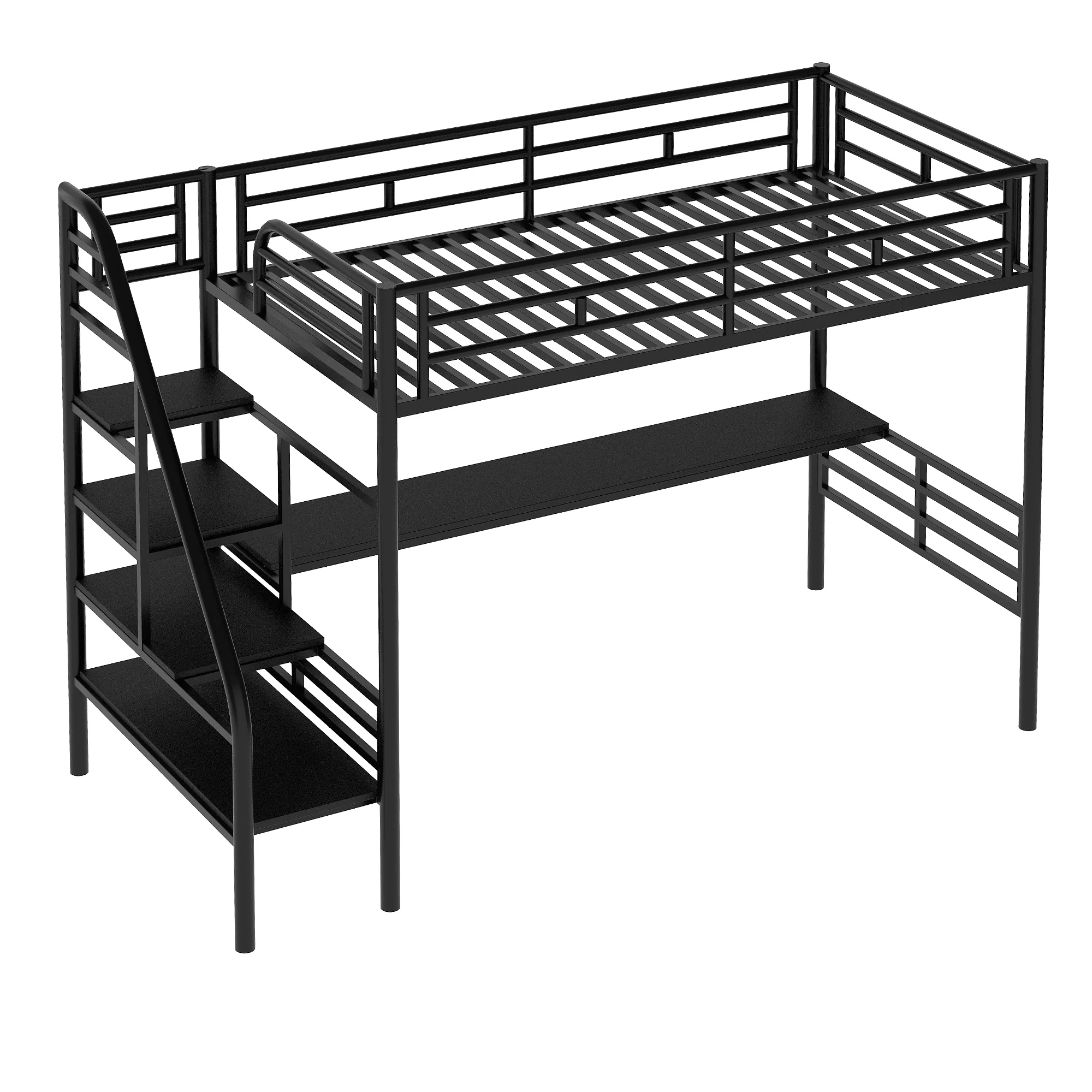Leadzm Metal Loft Bed Frame with Desk, No Box Spring Needed,Twin ,Black