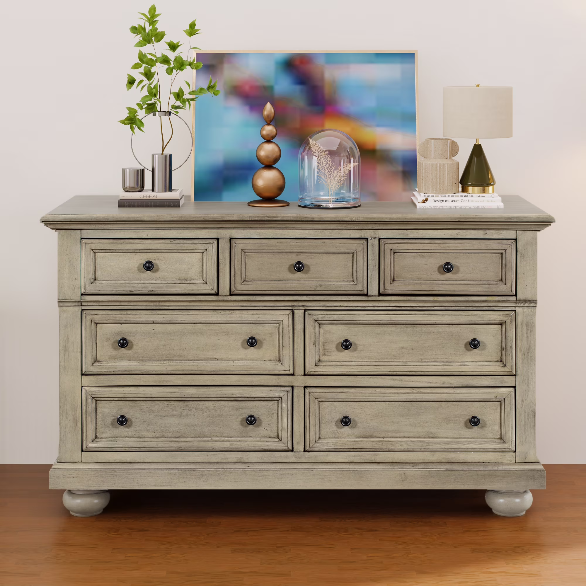Solid Wood Seven-Drawer Dresser for Nursery, Kid’s Room, Bedroom, Stone Gray
