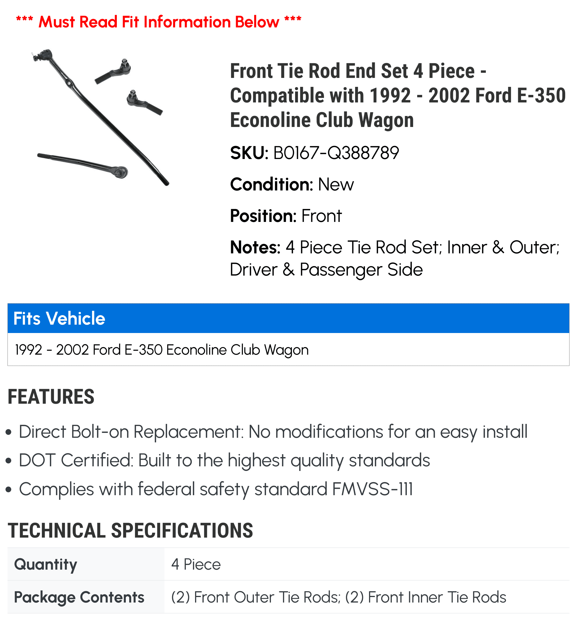 Front Tie Rod End Set 4 Piece - Compatible with 1992 - 2002 Ford E-350 Econoline Club Wagon 1993 1994 1995 1996 1997 1998 1999 2000 2001