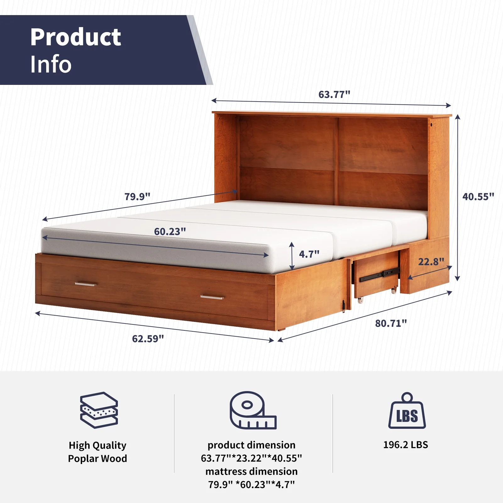 ZAFLY Murphy Cube Cabinet Bed with USB Charging Station, Murphy Bed Cabinet with Large Drawer & Folding Mattress, Queen Size Bed Frame for Guest Room/Living Room/Bedroom - Cherry