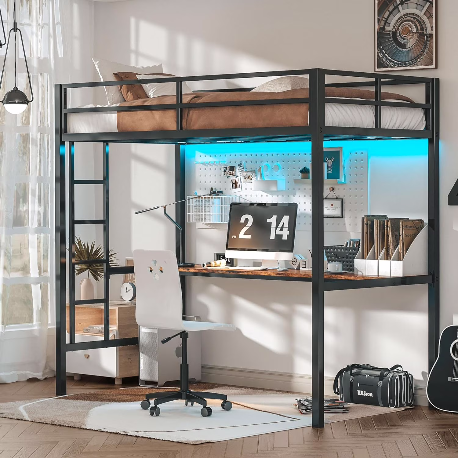 Loft Bed Twin Size with Desk, Safety Guardrail and Stairs, Metal Loft Bed Frame with Power Outlet and LED Lighted, Space-Saving, Noise Free, Black