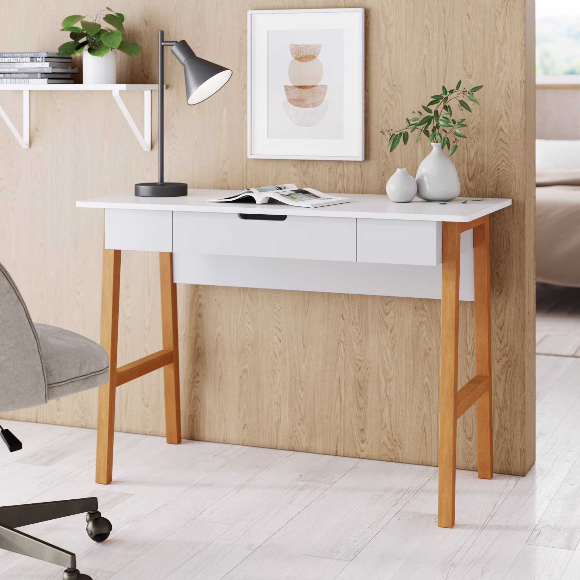 Nathan James Telos Home Office Computer Desk with Drawer White Modern Finish and Light Wood Legs