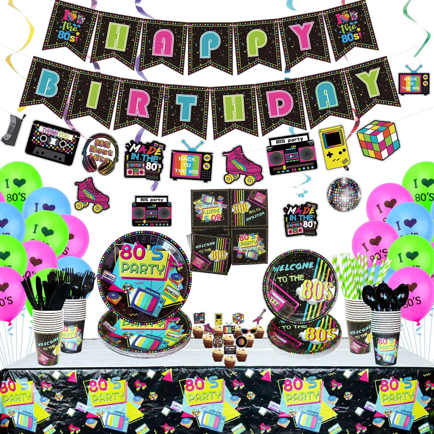 80s Party Supplies - Back to the 80s Party Decorations Set Including HAPPY BIRTHDAY Banner, Hanging Swirls, 80s Element Bunting, Plates, Cups, Napkins, Tableware, Tablecloth, Balloons - Serves 20