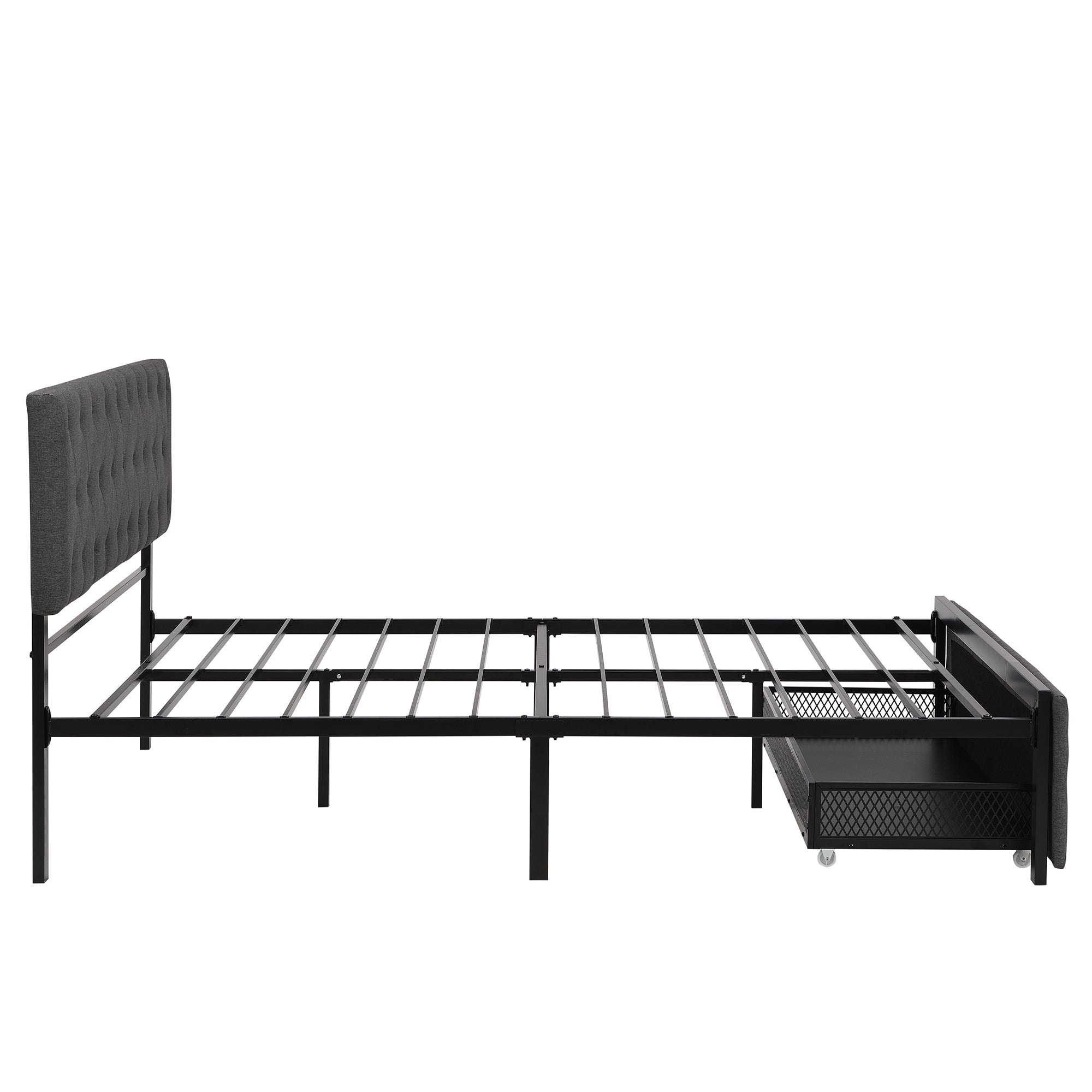 Twin/Queen/Full Metal Frame Linen Platform Bed with Drawer Grey Queen