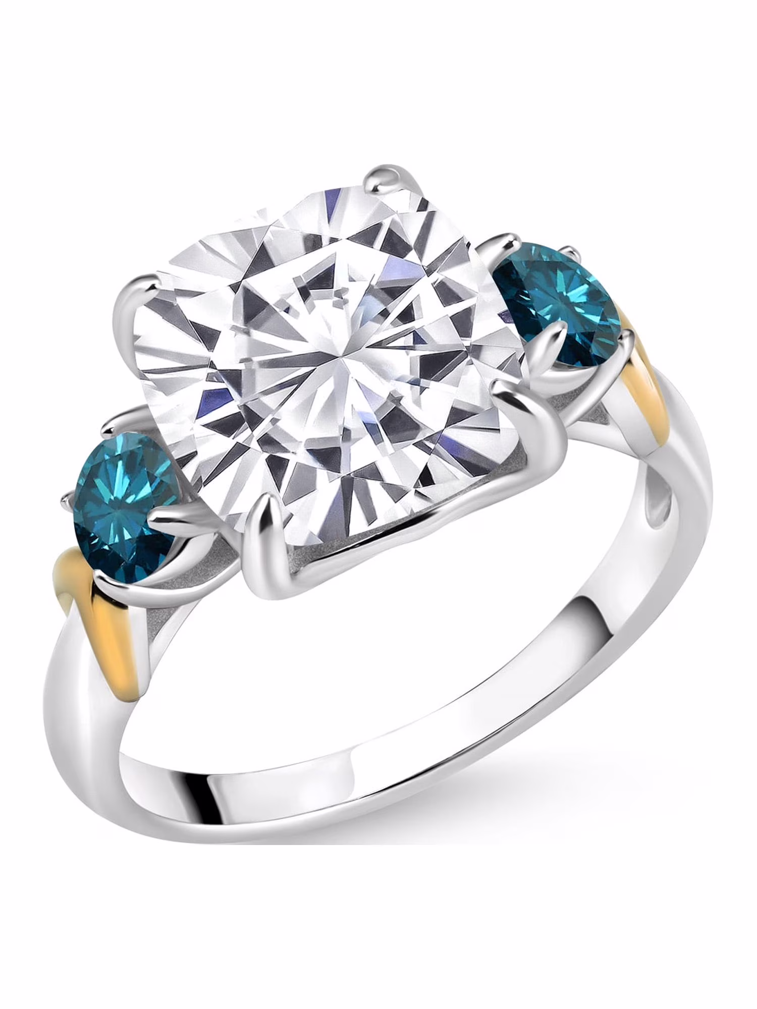 925 Silver and 10K Yellow Gold Moissanite from Charles & Colvard and Blue Diamond 3 Stone Ring For Women (5.54 Cttw, Gemstone Birthstone, Cushion 10MM, Round 4MM, Available In Size 5, 6, 7, 8, 9)