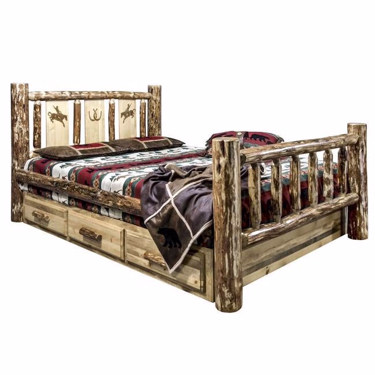 Glacier Country Storage Bed with Laser Engraved Bronc Design - Full Size