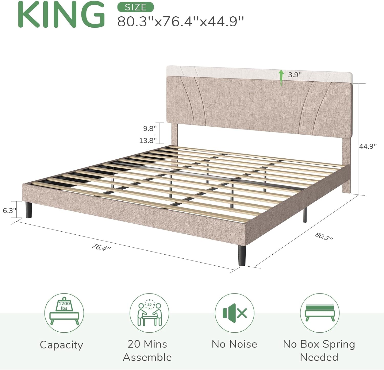 YINCHEN King Bed Frame and Headboard Platform Bed Frame No Box Spring Needed with Wood Slat Support, Upholstered Bed Frame King, Noise Free, Easy Assembly, Beige