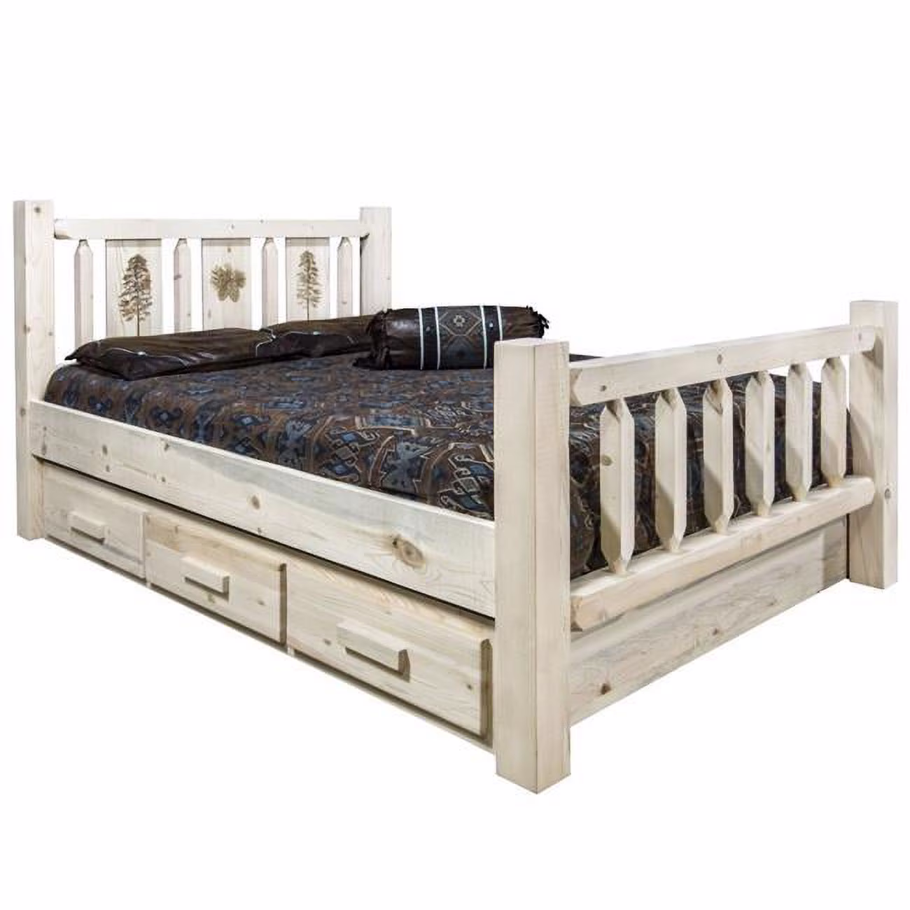 Homestead Collection Twin Size Storage Bed with Laser Engraved Pine Design, Clear Lacquer Finish