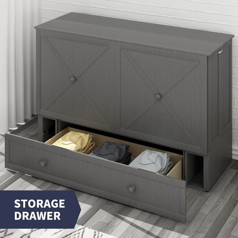 Mixoy Murphy Bed with Charging Station, Cube Cabinet Chest Bed with Mattress Grey - Queen