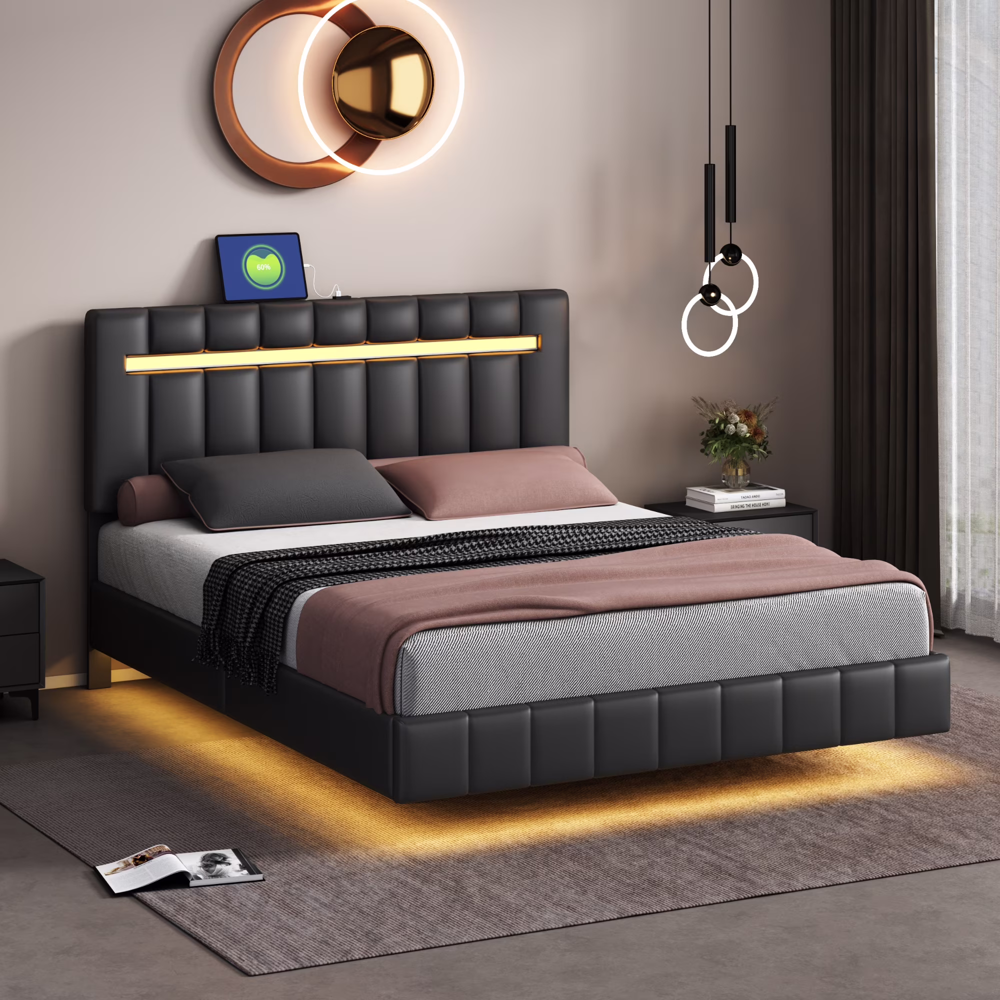 CoSoTower Queen Size Floating Bed Frame with LED Lights and Usb Charging,Modern Upholstered Platform LED Bed Frame,Black