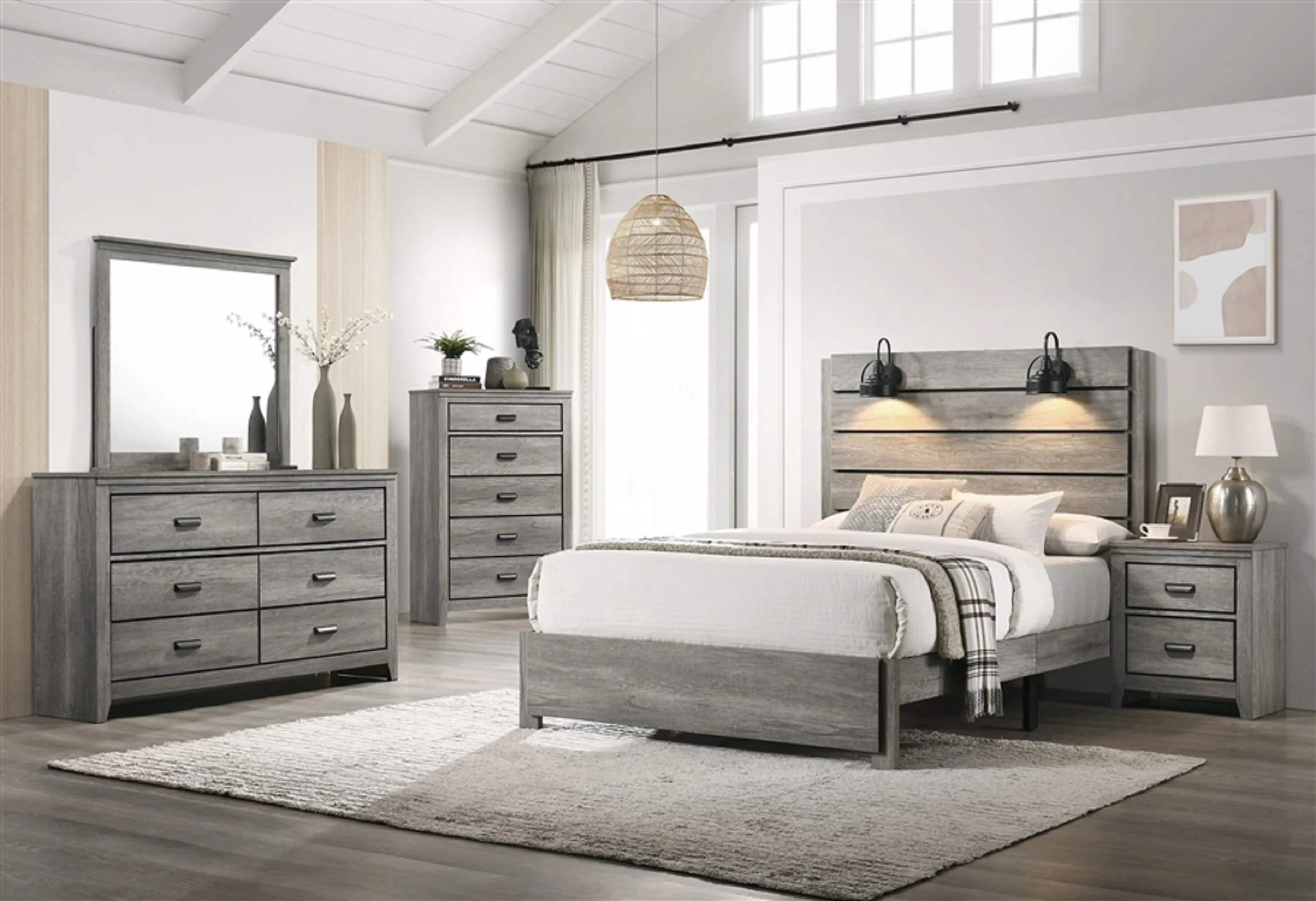 Rustic Gray 5Pc Built in Sconce Lamps Light Platform King Bed Dresser Mirror Nightstands Set