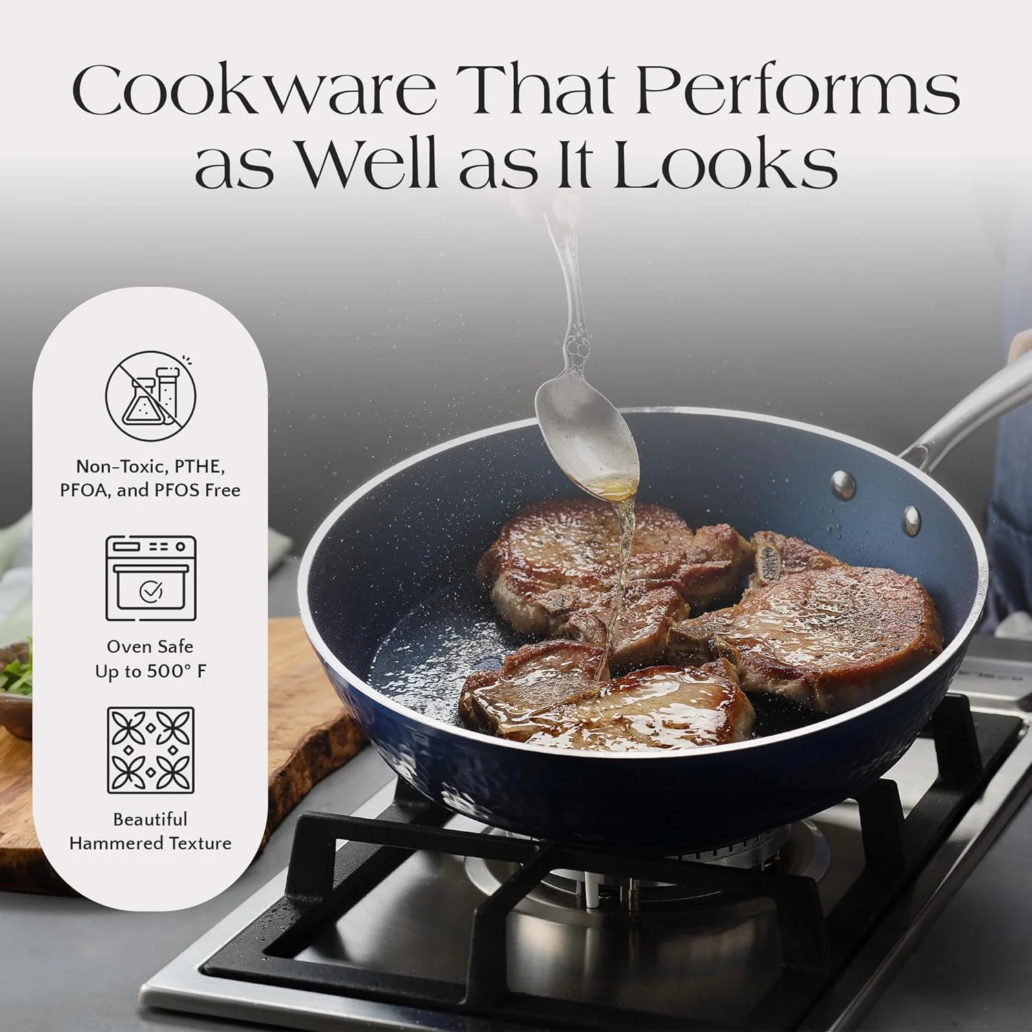 Blue Hammered Collection - Non-Toxic, Non-Stick Ceramic 10 Inch Pan, Scratch-Resistant, Oven Safe With Upgraded Handles, Safe Pan For All Stovetops