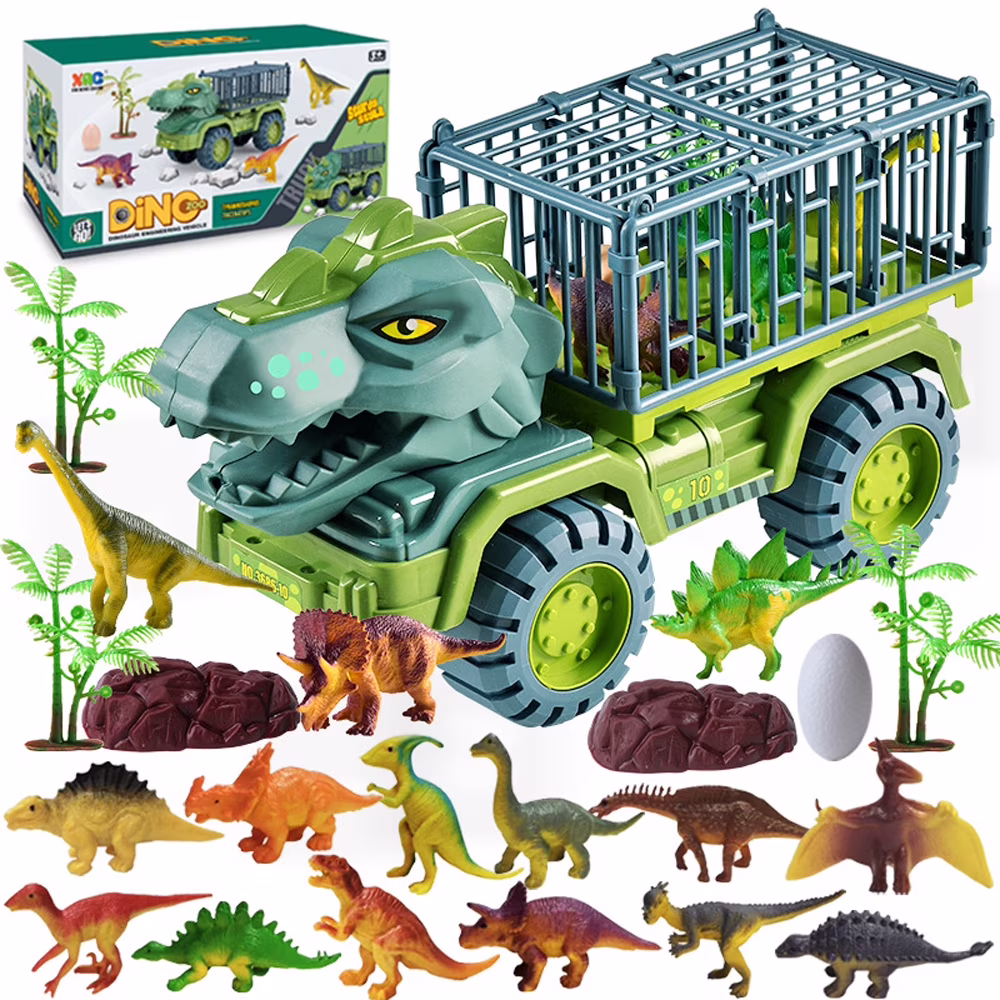 T-Rex Transporter with 15 Dinosaurs, 1 Egg, 2 Rocks and 3 Trees,Dinosaur Car Toy for Kids