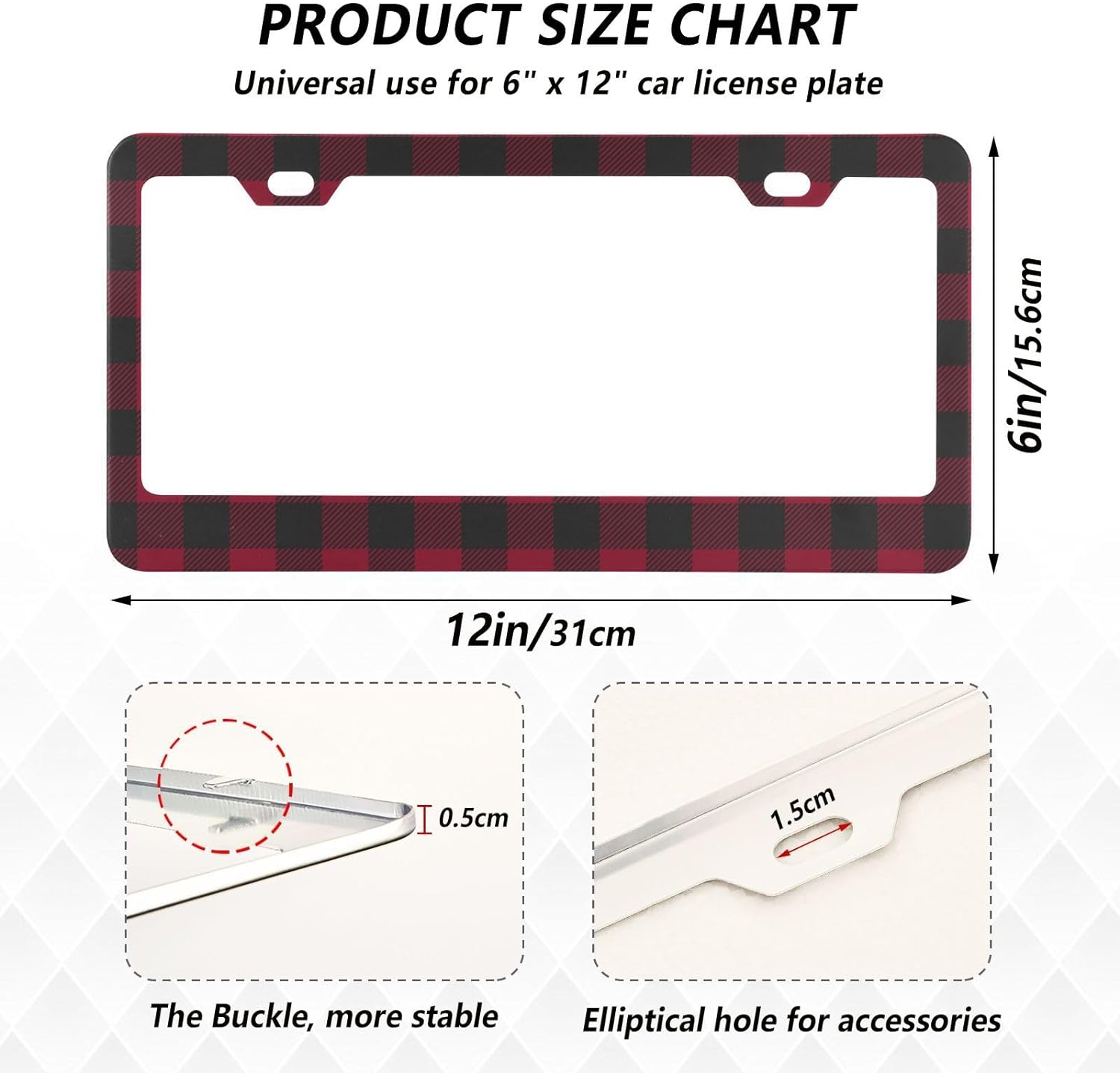 Red Buffalo Plaid License Plate Frame, Decorative Aluminum Car Tag Frames, 2 Pack Universal Car License Plate Covers with 2 Holes and Screws