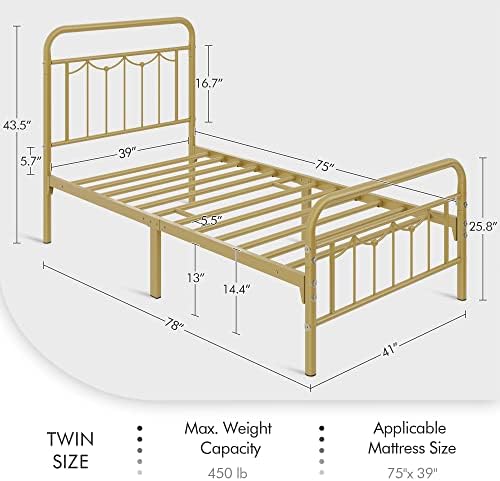 HBBOOMLIFE 2 Pcs Twin Size Metal Bed Frame with Vintage Headboard and Footboard  Farmhouse Platform Bed  Heavy Duty Steel Slat Support  13 Inch Under-Bed   No Noise  No Box Spring Needed