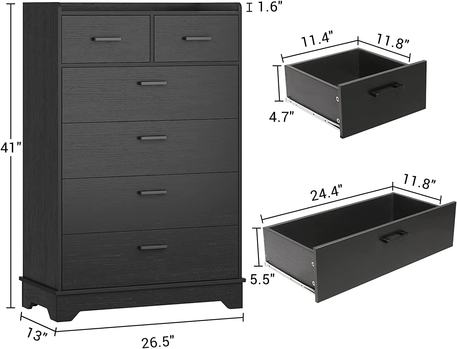 Popular Mid-Century Modern Dresser with 6 Drawers  Wood Rustic Tall Chest of Drawers  Storage Dressers Organizer for Bedroom  Living Room  Hallway  Black
