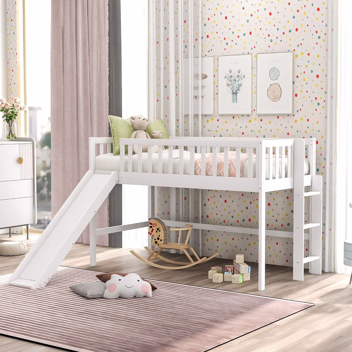 Lof Bed Wih Slide Low Lof Beds Wih Ladder Ad Guardrails Wood Lof Bed For Kids,ees,o Box Sprig eeded,Whie