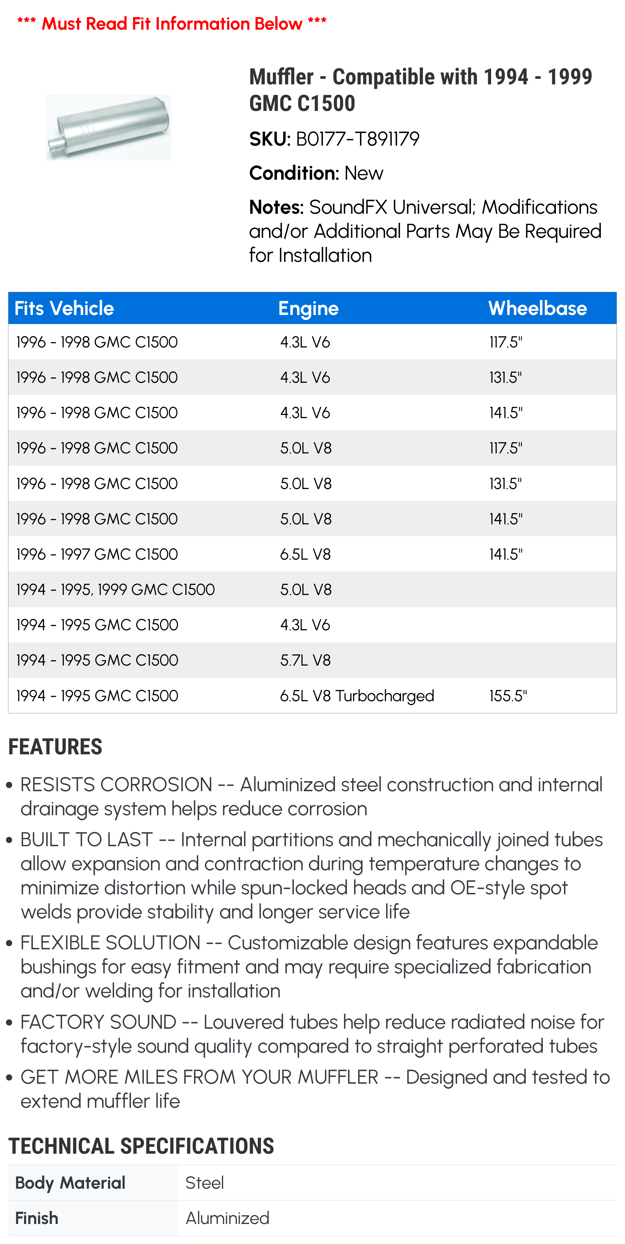 Muffler - Compatible with 1994 - 1999 GMC C1500 1995 1996 1997 1998