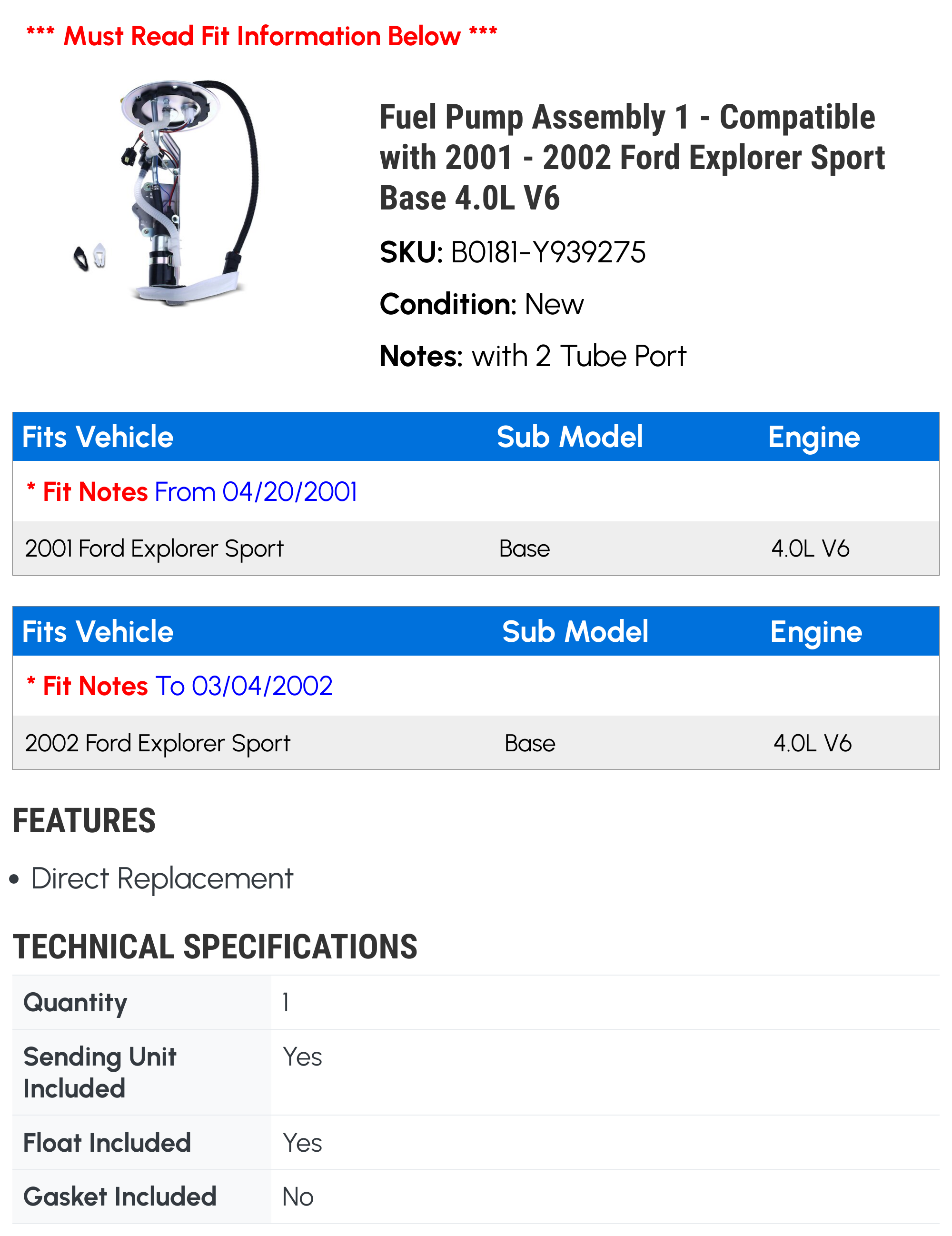 Fuel Pump Assembly 1 - Compatible with 2001 - 2002 Ford Explorer Sport Base 4.0L V6