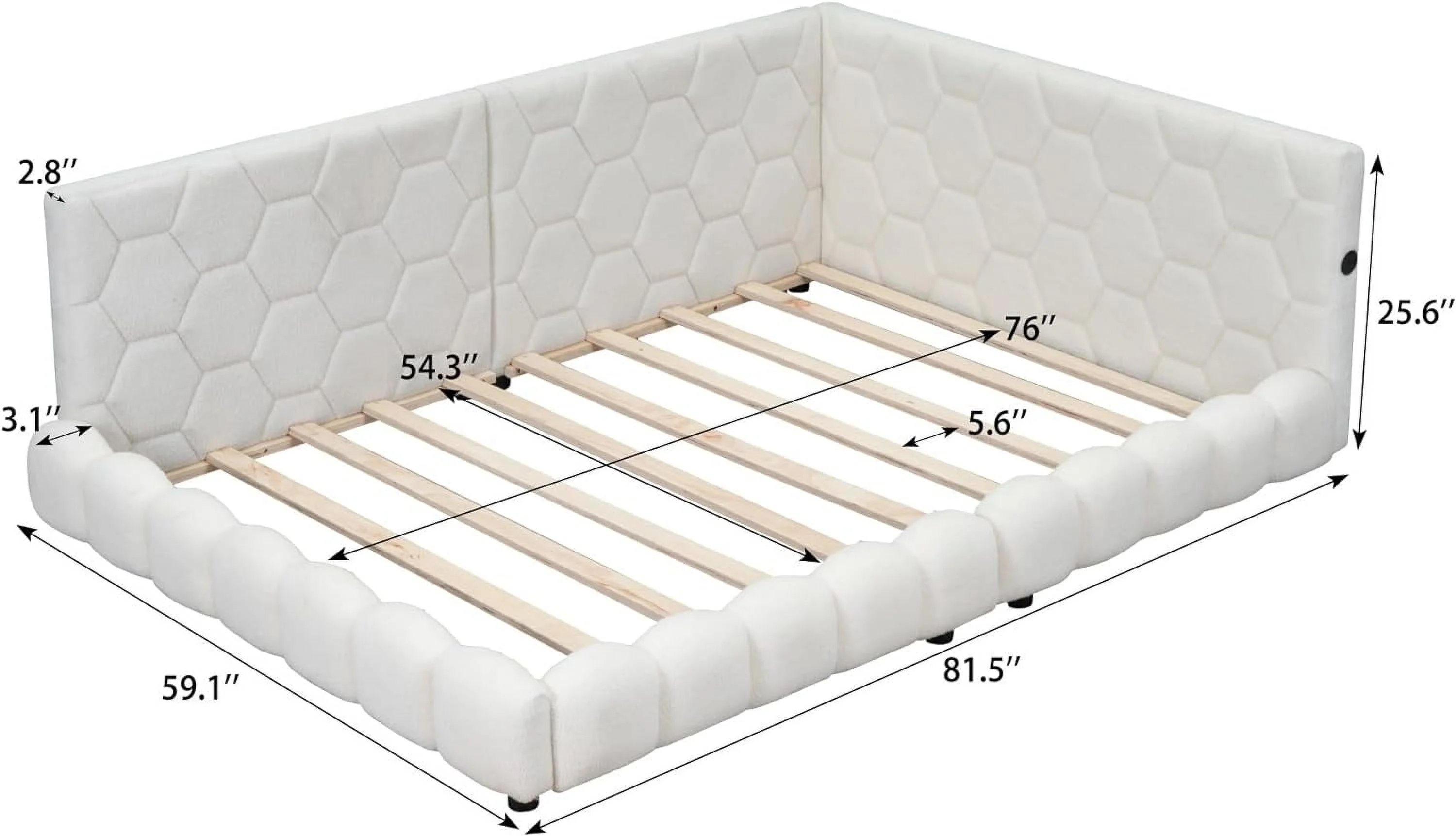 Upholstered Full Size Platform Bed With USB Ports Ad LED Belt,Wood Teddy Fabric Corer Daybed Frame For Livigroom,Bedroom,White