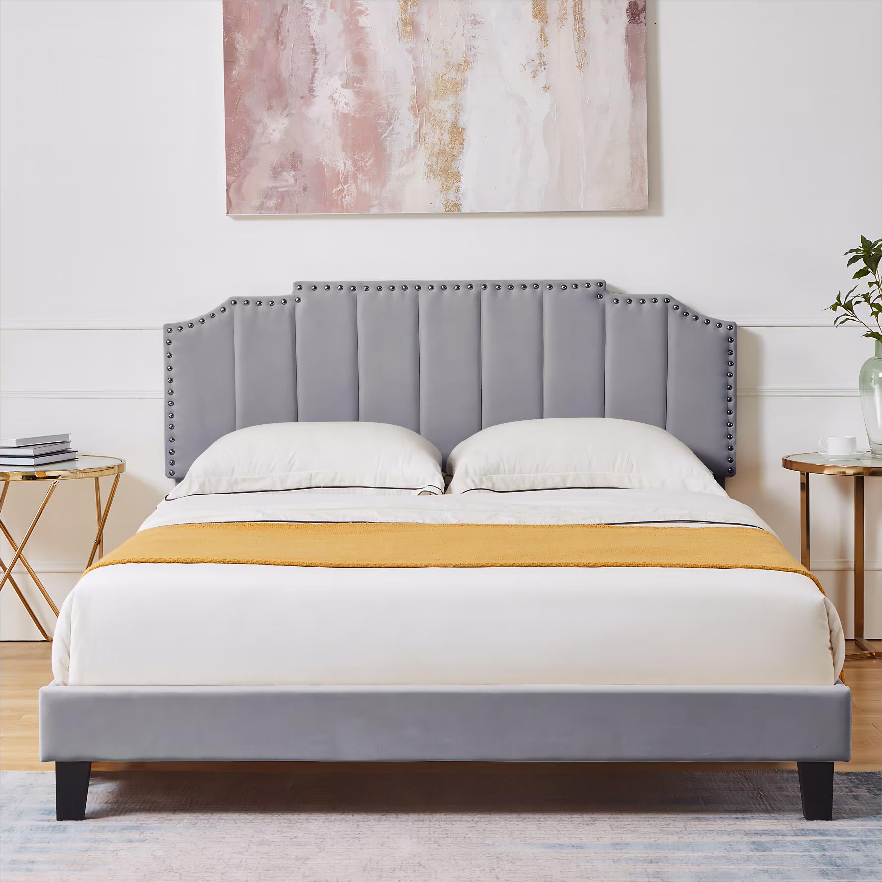 Cozy Castle Queen Size Bed Frame, Platform Bed Frame with Adjustable Headboard, Wood Slat Support, No Box Spring Needed, Inlaid Rivet Elements, Velvet Fabric- Grey