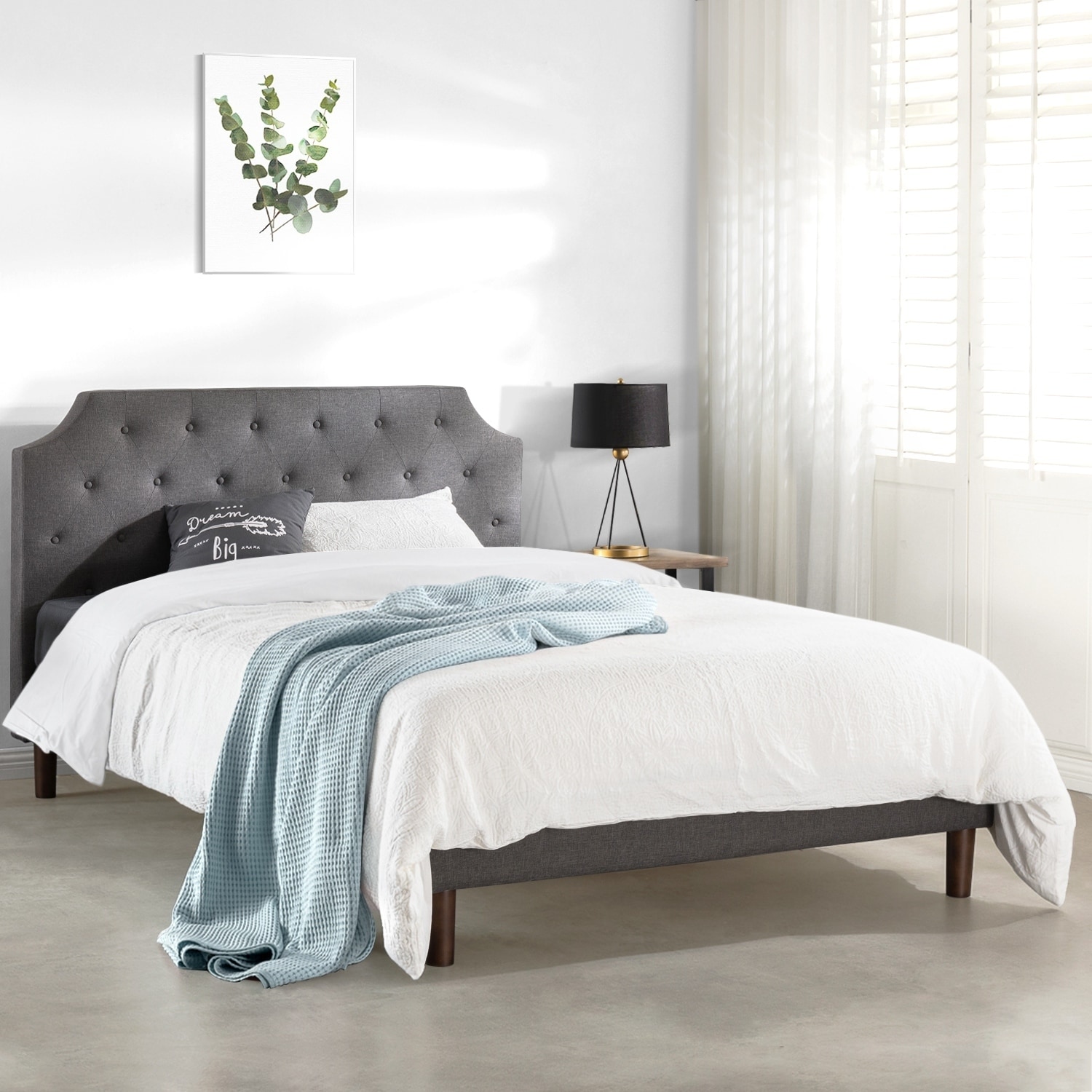 Crown Comfort  Dark Grey Modern Upholstered Tufted Platform Bed Queen